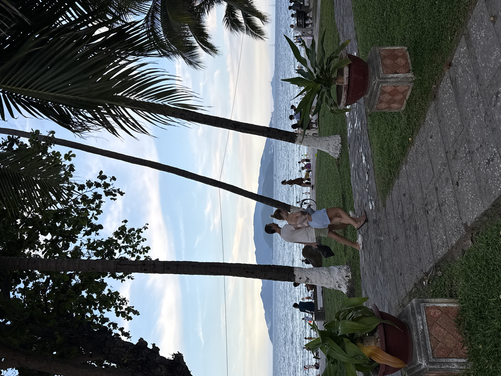 This image depicts a scenic view of a beach and promenade in Nha Trang Ward, Vietnam. The foreground is dominated by lush palm trees, with their fronds casting shadows and framing the scene. A paved walkway runs parallel to the beach, bordered by vibrant green grass and large potted plants.
Several people are visible on the promenade and the beach. In the mid-ground, a couple is walking along the paved path, seemingly enjoying each other's company. Further down the promenade, other individuals and small groups can be seen relaxing, walking, or sitting on benches. The beach itself is populated with people enjoying the seaside.
The sea is calm and stretches towards a distant, hazy mountain range. The sky is a soft blue with scattered white clouds, suggesting it is either early morning or late afternoon, with the sun casting a gentle light. The overall atmosphere appears peaceful and relaxed, indicative of a pleasant day at the beach. The location cues, such as the palm trees and the architecture of the planters, are consistent with a tropical coastal setting like Nha Trang. No text is visible in the image.