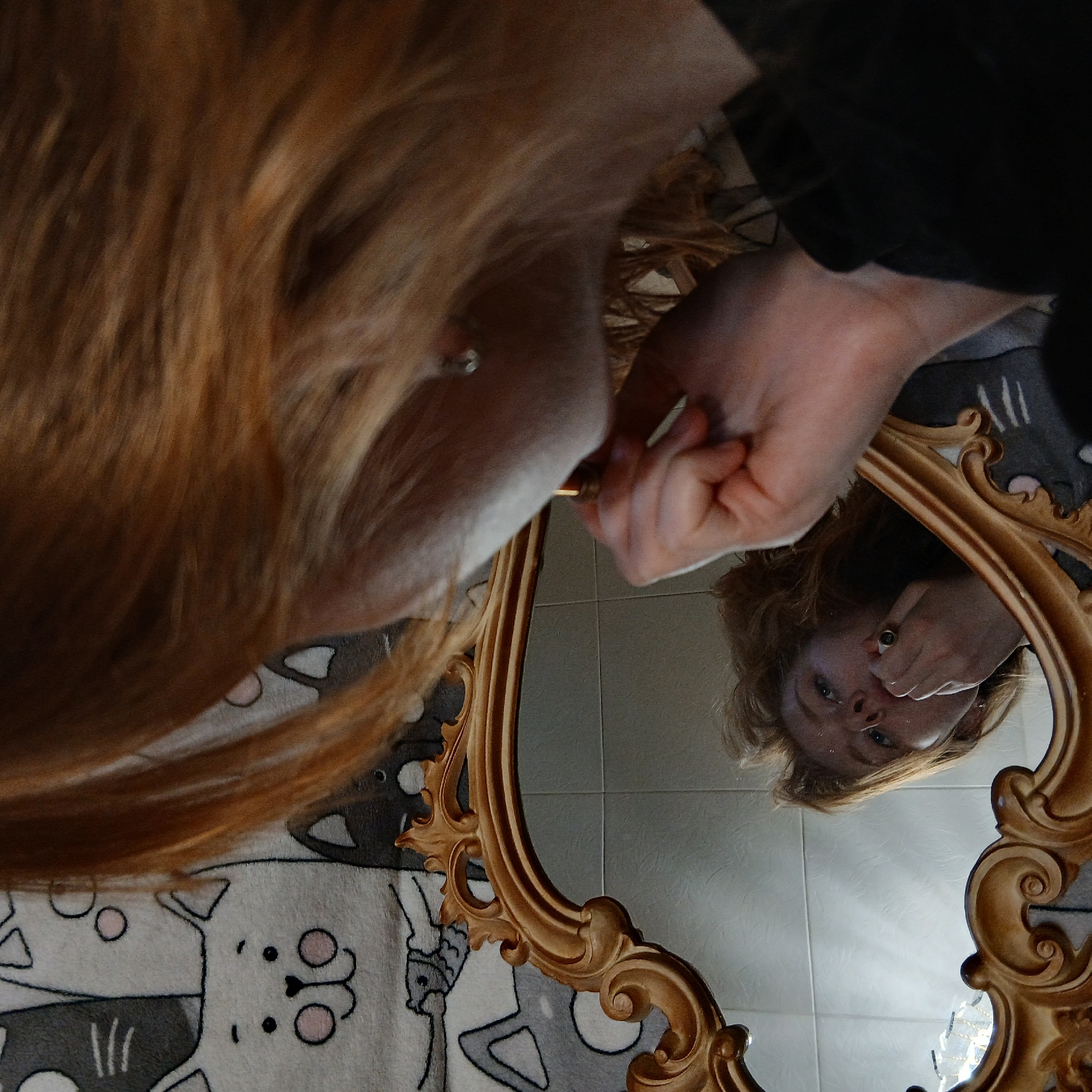 An overhead, inverted perspective captures a person with long, reddish-blonde hair and light skin interacting with a mirror in an indoor setting in Yekaterinburg, Russia. The person's hair fills much of the foreground, extending towards a mirror with an ornate, golden frame. A small silver stud earring is visible in their ear.
In the mirror's reflection, the person's face appears upside down, looking intently into the mirror. Their hand is raised to their face, possibly applying makeup or grooming, with a ring visible on one finger. The reflection also shows part of a light-colored tiled floor.
Beneath the person's head and surrounding the mirror frame is a soft blanket or rug patterned with cartoon cat faces in grey, white, and pink. Part of a dark garment is visible on the person's arm in the foreground. The lighting suggests it is daytime. The overall impression is one of quiet, focused self-reflection. No visible text is present.