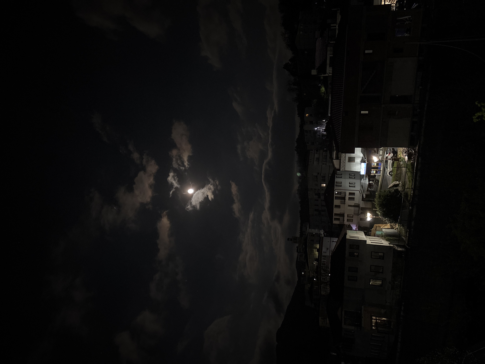 The image shows a nighttime view of Zlatograd, Bulgaria. The sky is dark with clouds and a bright full moon. On the right side of the frame are buildings with lit windows and streetlights illuminating the area. Cars are parked near one of the buildings. Some foliage is visible in the foreground.