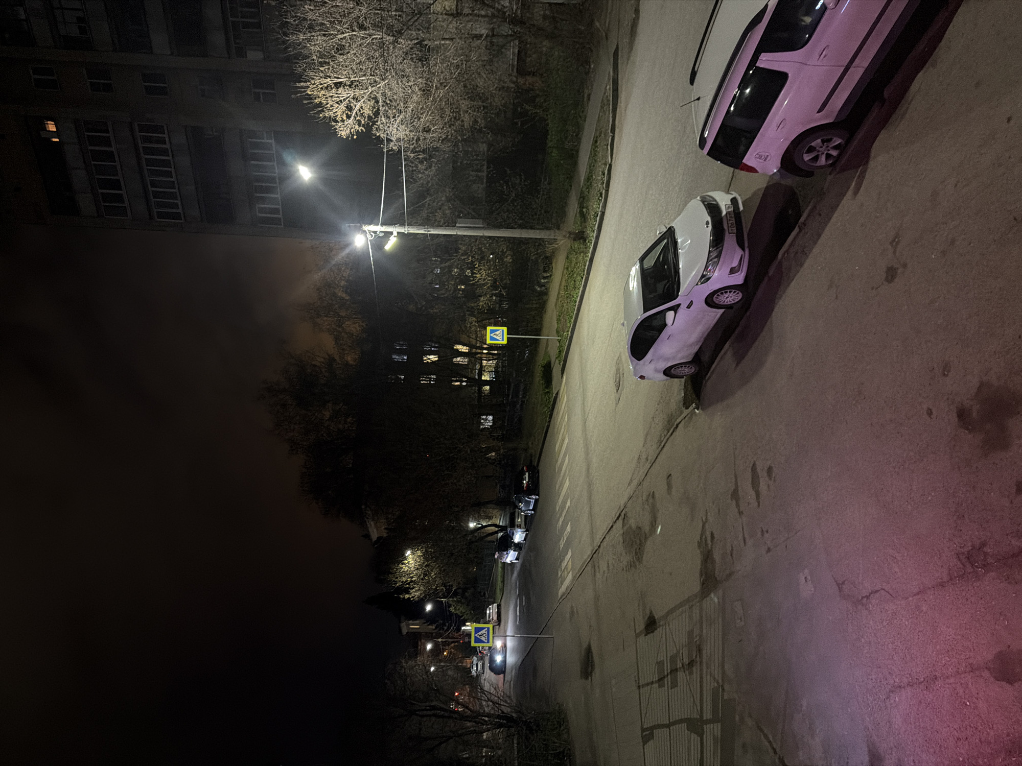 The image shows a nighttime street scene in Kazan, Russia. The street is lined with trees and buildings, and there are several cars parked along the side of the road. Streetlights illuminate the area, casting shadows on the ground. A pedestrian crossing sign is visible. The road surface appears wet.