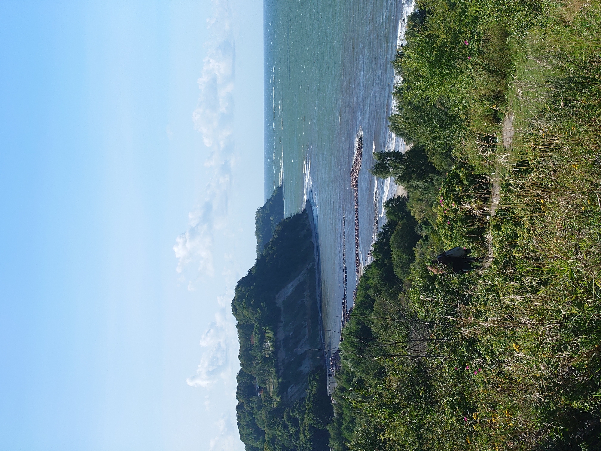 The image depicts a natural coastal landscape on a sunny day, with a clear blue sky and scattered white clouds. The foreground is a dense, green hillside covered in various types of vegetation, including tall grasses, bushes, and some flowering plants with pink and yellow blossoms. A dirt path winds through the greenery, and a person wearing a dark top, dark pants, and carrying a backpack is walking on this path, their back to the camera.
Beyond the hillside, a body of water, likely the sea, extends to the horizon. The water is a deep teal color and shows gentle waves and whitecaps. Along the coastline, a high, forested cliff face rises, topped with trees and some structures, possibly houses. The cliff shows evidence of erosion, with visible layers of soil and rock. Breakwaters made of rocks are strategically placed along the shoreline, breaking the force of the waves. The overall scene is one of natural beauty and tranquility, with evidence of human presence through the walking path and distant structures. The location is not Primorye, Russia.