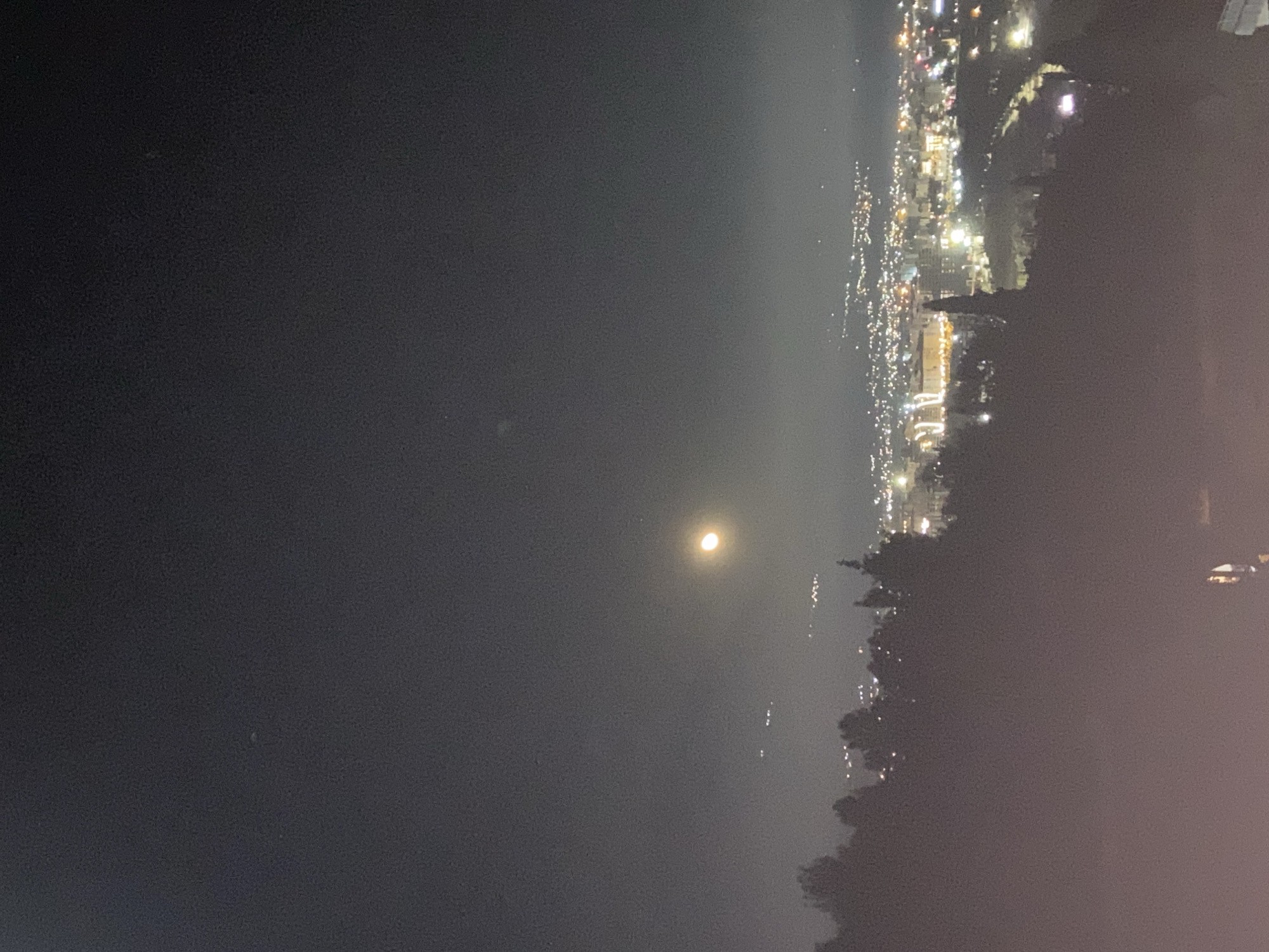 The image shows a night view of the city of Šušanj, Montenegro. The sky is dark, with a visible moon in the middle. The city lights are visible as a strip of bright spots on the right side of the image, along the horizon. The image is rotated clockwise. There is silhouette of foliage along the right side of the image.