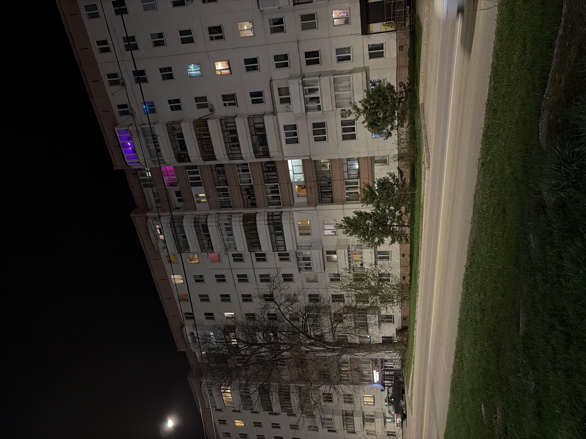 The image shows a high-rise residential building at night, likely located in the city of Perm, Russia. The building has multiple floors and numerous windows, some of which are illuminated with different colors, including purple and pink. A road runs alongside the building, with sparse vegetation between the road and the building's facade. A bare tree stands in front of the building. Cars are parked on the side of the road. The night sky is dark.