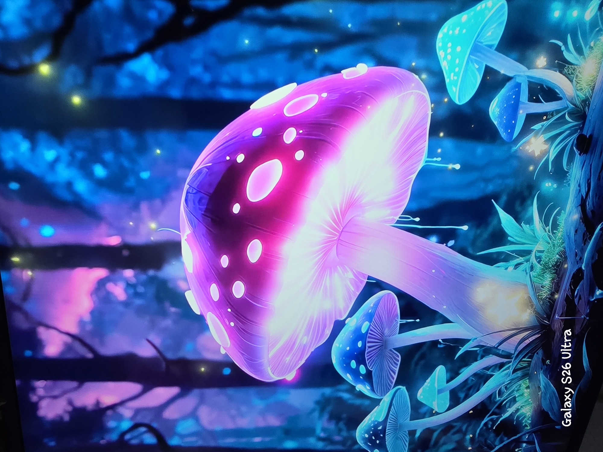 This media file depicts a vibrant, fantastical forest scene filled with luminous, oversized mushrooms. The primary subject is a large, bioluminescent mushroom with a deep purple cap dotted with glowing pink and white spots. Its underside is a brilliant white, radiating light and revealing intricate gill-like structures. Surrounding this central mushroom are several smaller mushrooms, some glowing in shades of electric blue with white spots, and others in lighter blue hues. These mushrooms are clustered together, with some appearing to grow out of a dark, textured surface, possibly a tree trunk or mossy ground, which is adorned with lush, green foliage. The background is a dark, ethereal forest with out-of-focus blue and purple hues, suggesting a magical or nocturnal setting. Tiny, glowing yellow and blue specks are scattered throughout the scene, resembling fireflies or magical particles, further enhancing the enchanted atmosphere.
There are no people or animals visible. The activity is static, a depiction of an otherworldly environment rather than an action. Notable details include the strong use of neon-like colors and glowing elements, creating a surreal and dreamlike mood. The lighting suggests a dark or twilight time of day, amplified by the bioluminescence of the flora. The overall emotion conveyed is one of wonder and magic.
There is visible text in the lower right corner: "Galaxy S26 Ultra". This text appears to be a watermark or overlay on the image, indicating the device used to capture or display it. The location context of Plovdiv, Bulgaria, does not appear to be directly represented within the visual elements of the image itself, which depicts a universally fantastical setting.