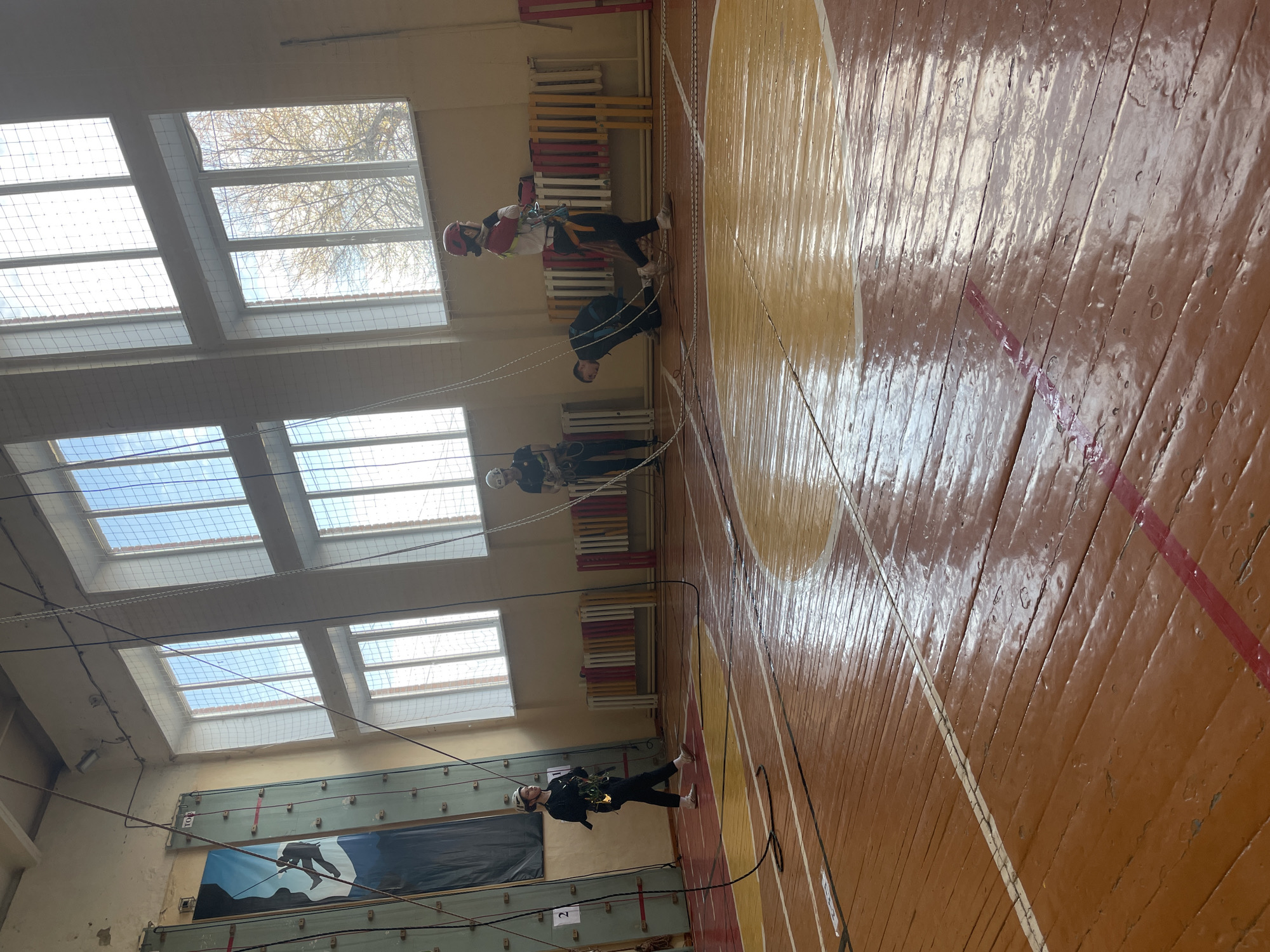 This image depicts an indoor rappelling or rope climbing training session taking place in a gymnasium, likely in Sarapul, Russia. The setting is a well-lit sports hall with a glossy, somewhat worn wooden floor featuring white, yellow, and red court lines.
Four individuals are visible, all wearing safety helmets and harnesses, and attached to ropes. One person, dressed in black with a white helmet, is positioned closer to the foreground, standing on the floor. Further down the hall, three other participants are engaged with the ropes against a light-colored wall. One wears a red and white top, another a dark blue top, and the third is partially visible, all appearing to be practicing ascent or descent techniques.
Natural light streams into the gymnasium through large, rectangular windows located high on the walls. Safety nets are stretched across the inside of these windows, and outside, bare tree branches can be seen, indicating a colder season. Below the windows, old-fashioned radiators are mounted on the wall. On the far wall, a large blue and white banner or poster depicts a person rappelling, and small white signs with numbers, including "2" and "10," are also visible, possibly indicating stations or sections. The overall scene conveys a focused training environment for rope-based activities.