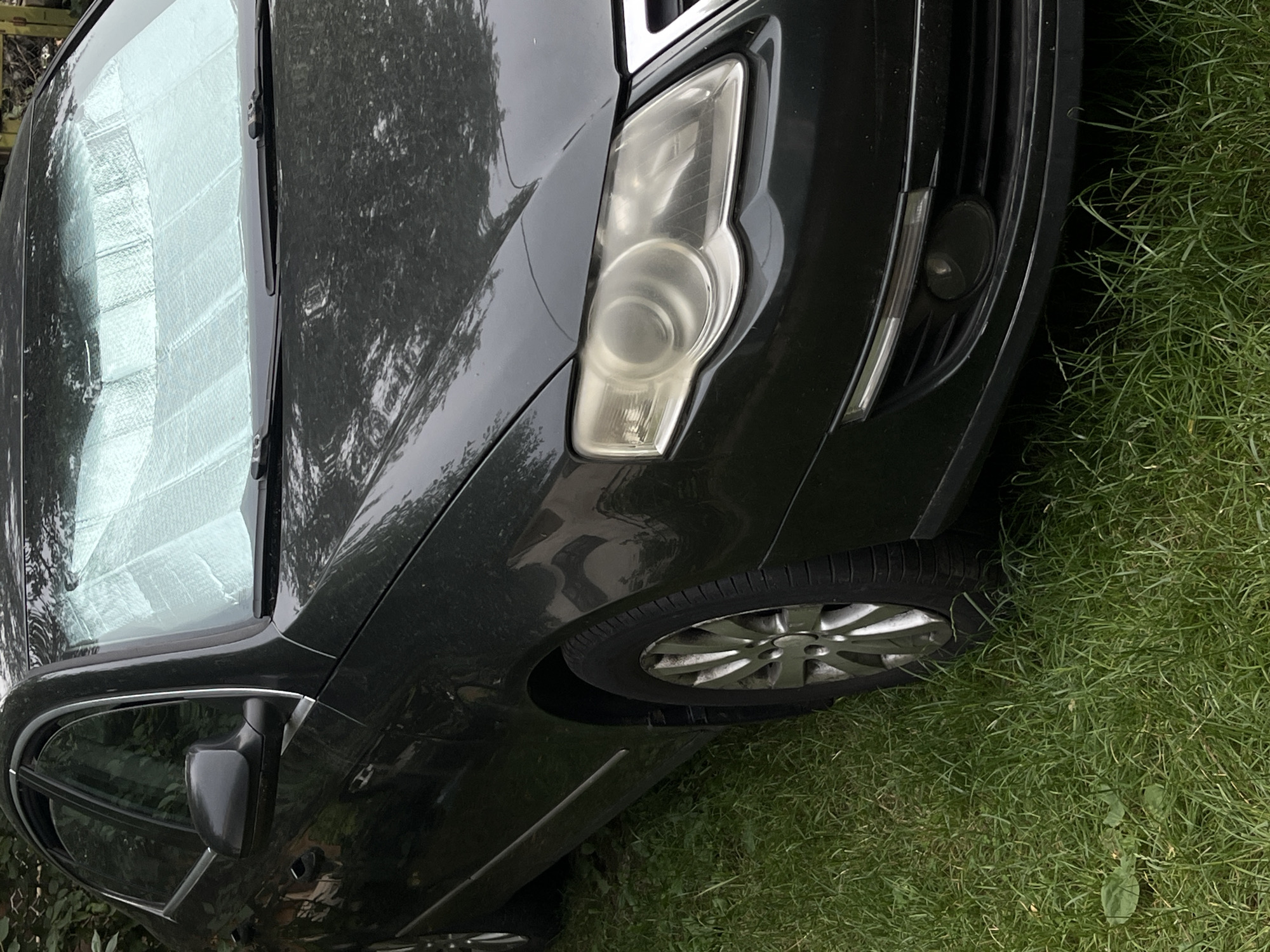 This media file is a close-up, slightly tilted photograph of the front portion of a dark-colored car parked outdoors on a grassy area. The car's windshield is visible on the left side, partially covered by a reflective sunshade. The front headlight assembly and part of the grille are prominent on the right. The car appears to be dark gray or black. The surrounding setting is natural, with lush green grass and some foliage visible in the background, suggesting an outdoor location. The lighting suggests it is daytime, but the specific time is not discernible. There is no visible text in the image. The scene depicts a stationary car in an apparently typical outdoor environment, with no people or specific activities taking place. The image is likely a photograph taken in Lviv, Ukraine, based on the provided location context.