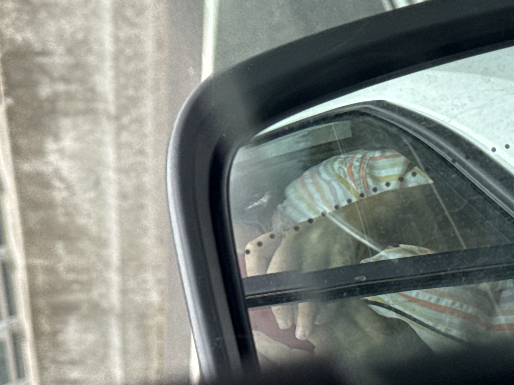 The image shows a reflection in a car's side mirror. Inside the reflection, a person is visible wearing a striped shirt with dark buttons. The person's hands are also visible, one holding a red object. The background in the mirror shows the interior of a car and the exterior environment, which appears to be a road or highway with a concrete barrier. The setting is the city of Carrigcloney, Ireland.