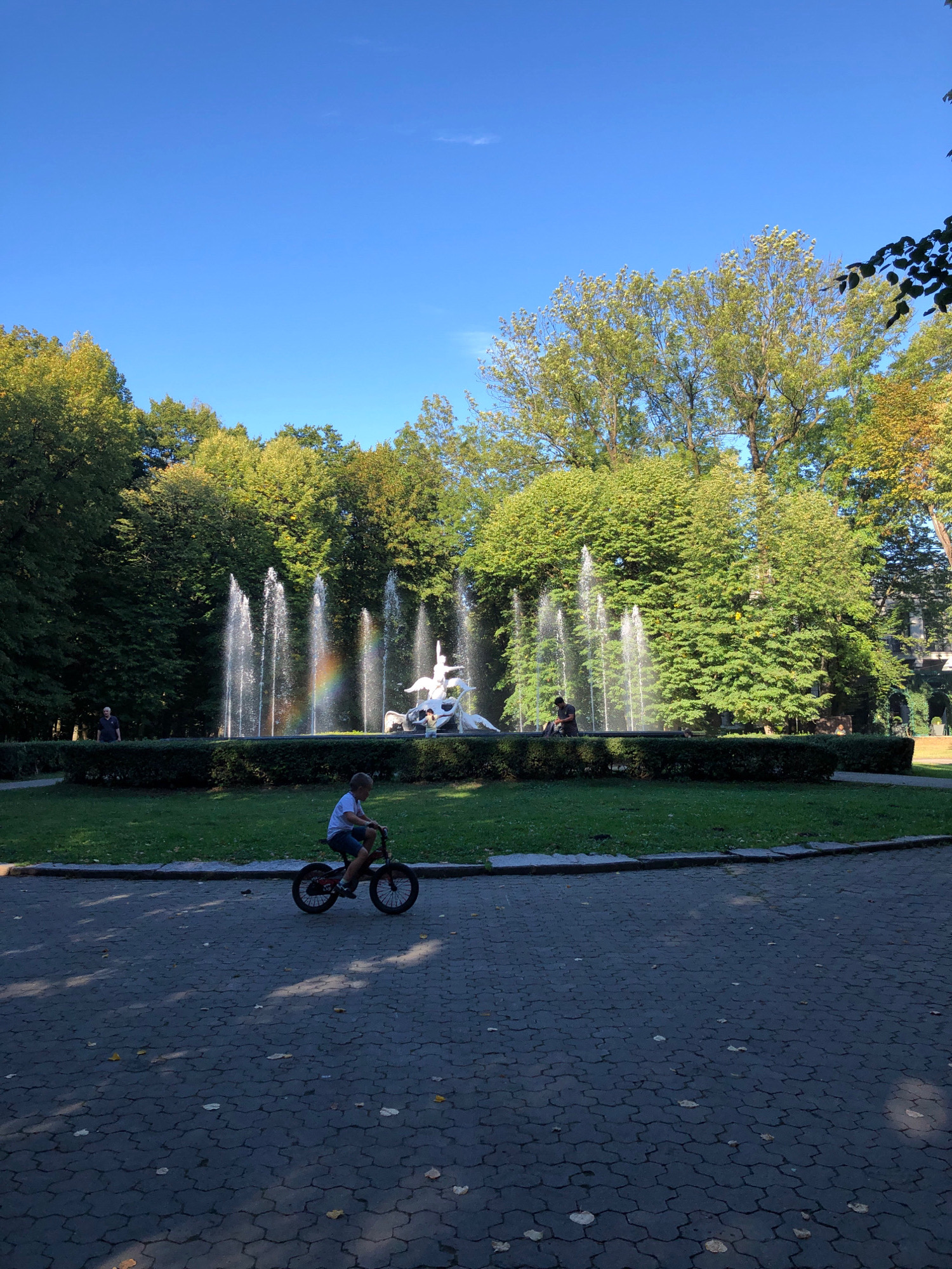 This is an outdoor, eye-level, medium shot of a park scene on a sunny day. In the foreground, a young boy is riding a bicycle on a paved pathway. He is wearing a white t-shirt and dark shorts. His bicycle is dark red with black wheels and black tires. The pathway is made of dark gray interlocking pavers, with scattered fallen leaves and dappled sunlight creating shadows.
In the mid-ground, a circular fountain is the focal point. Water jets spray upwards, and a rainbow is visible in the mist of one of the jets. The fountain is surrounded by a manicured hedge. Behind the fountain, there are several tall, lush green trees.
In the background, the sky is a clear, bright blue. The overall environment is a park, likely located in Lviv, Ukraine, as indicated. Two adult figures are partially visible on the left side of the fountain, one appearing to be standing and the other possibly seated. The scene suggests a peaceful, recreational atmosphere in a well-maintained urban park.