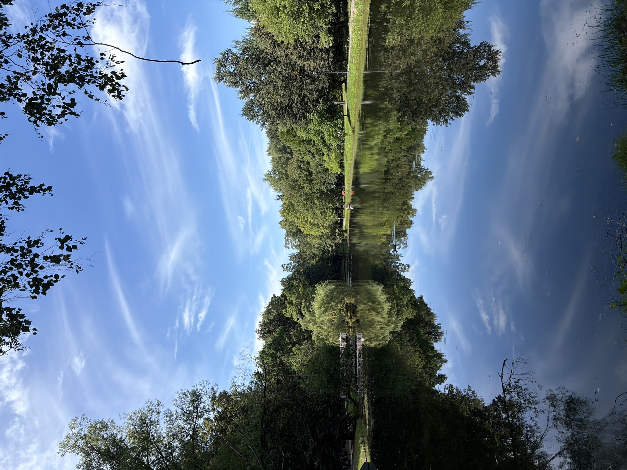 A serene park scene features a still lake reflecting a vibrant blue sky with wispy white clouds and lush green trees. The foreground shows the dark water's surface with reflections of the sky and trees. In the mid-ground, a bridge with people is visible, leading to a weeping willow tree. The background is a dense line of various trees. To the left, branches with dark leaves hang from the top of the frame. This image was captured at the Gorki Leninskiye Estate, a historic park located in the city of Krasnogorsk, Russia.