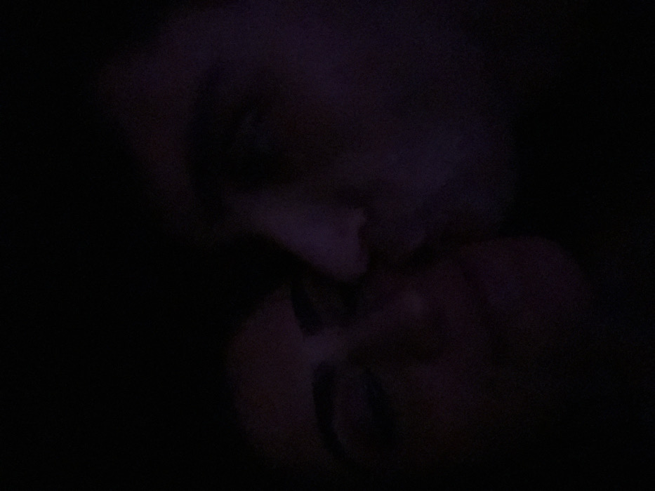 The image is extremely dark, predominantly black, with faint, blurred shapes discernible in the central and right portions. It appears to capture two individuals in very close proximity, likely embracing or engaging in an intimate interaction.
The forms suggest two faces oriented towards each other. One face seems to be positioned in the upper central area, angled downwards, while the other is in the lower central area, angled upwards, meeting the first. The most visible, though still very indistinct, elements are contours that could represent noses, chins, and possibly foreheads, indicating a close facial encounter, such as a kiss.
The entire scene is shrouded in profound darkness, making it impossible to distinguish specific features like hair color, eye color, or clothing details. The faint light present casts a dark purplish-brown or reddish-brown hue on the discernible areas of the forms. The background is completely obscured by darkness. The low light conditions suggest either nighttime or a very dimly lit indoor environment, creating an intimate and private atmosphere. No text is visible in the image.