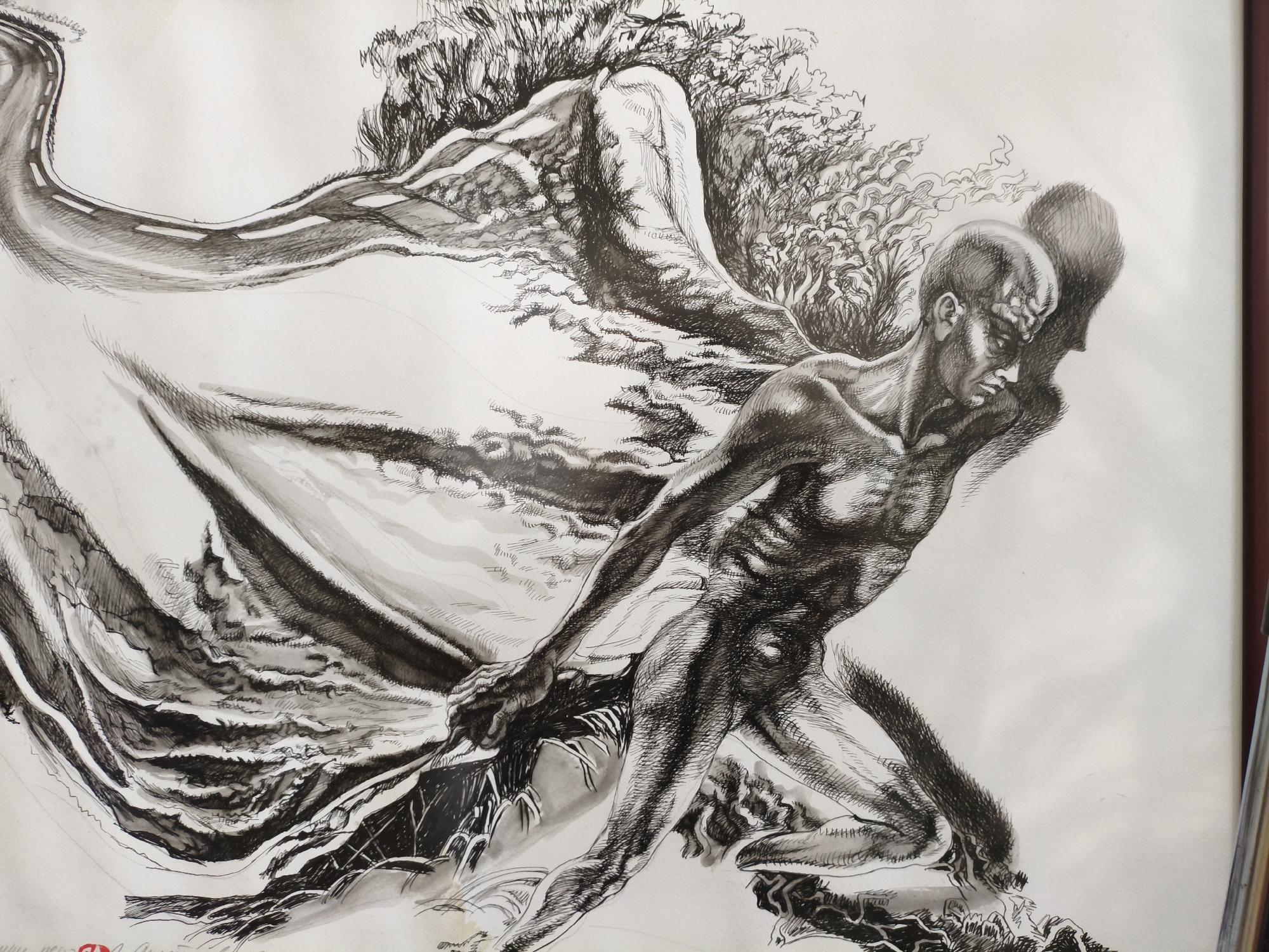 The image is a black and white ink drawing of a stylized human figure with large, flowing drapery. The figure appears to be in motion, with its body contorted and its arms extended. The drapery is rendered with a great deal of detail, showing folds and textures. Behind the figure, there are elements that suggest a landscape, possibly with trees and a winding road. The drawing is framed, and a portion of the frame is visible on the right side of the image. There is no discernible connection to the city of Burgas, Bulgaria.