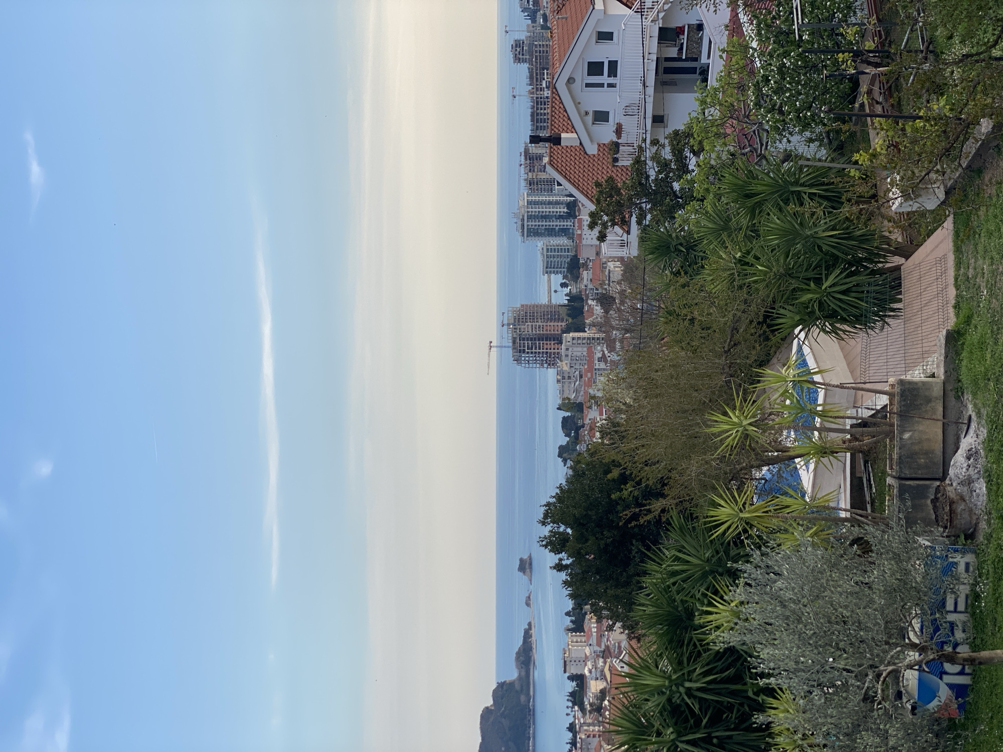 The image shows a view of the city of Budva, Montenegro, from an elevated position, potentially a balcony or hillside. The sky is light blue with some clouds. The Adriatic Sea is visible, separating the sky and the cityscape. The city features a mix of residential buildings, including apartments and houses with orange tile roofs. Several high-rise buildings are under construction, evidenced by cranes. The foreground contains greenery, including trees and bushes, partially obstructing the view of the city. An elevated walkway with pavers are visible above some foliage.