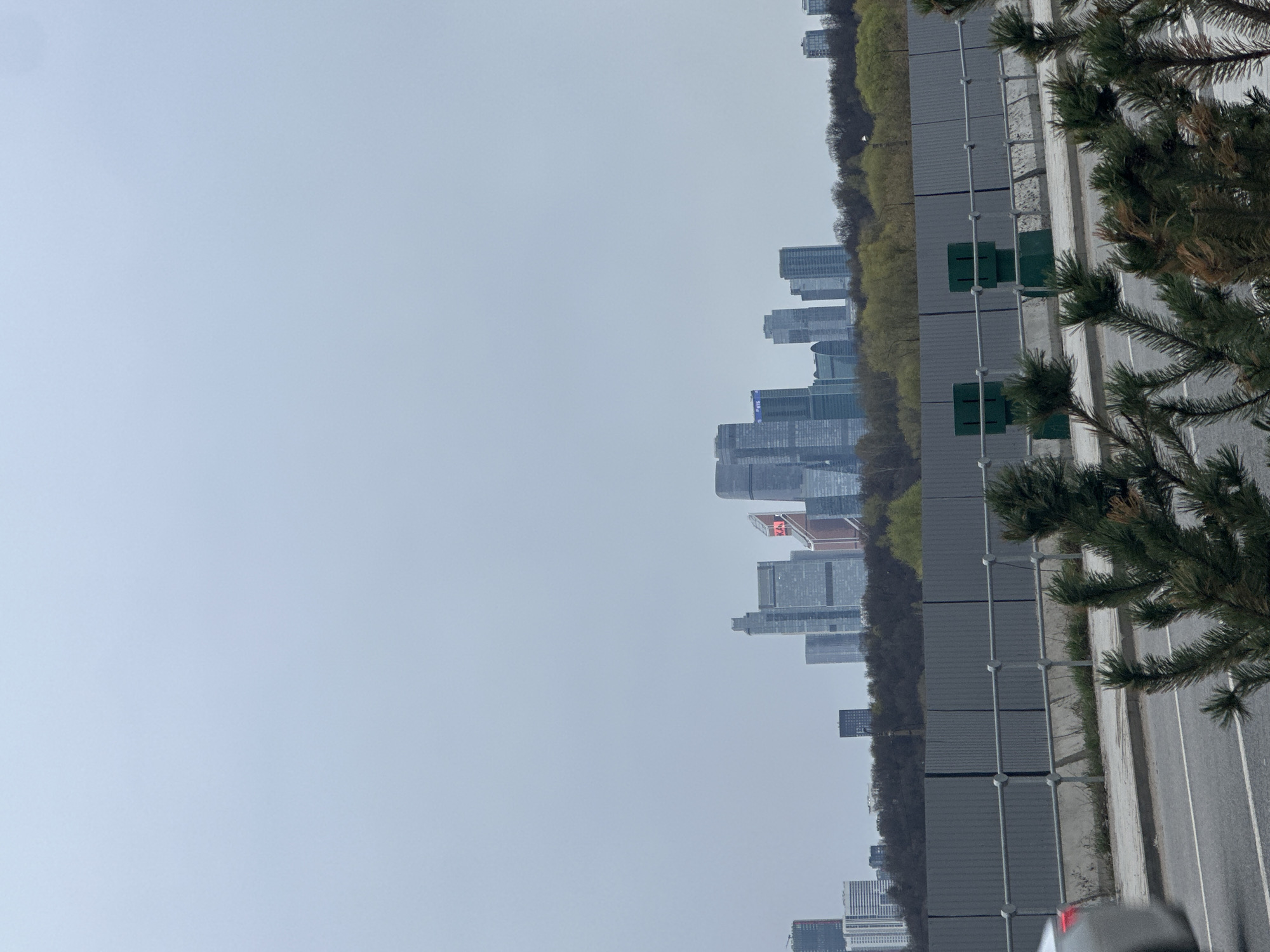 The image shows a view from what appears to be a roadside in Khimki, Russia, with a cityscape visible in the distance. The skyline is composed of modern high-rise buildings. A highway runs along the right side of the image, with a grey noise barrier along the edge. Part of a green pine tree branch is on the right side. The sky is overcast.