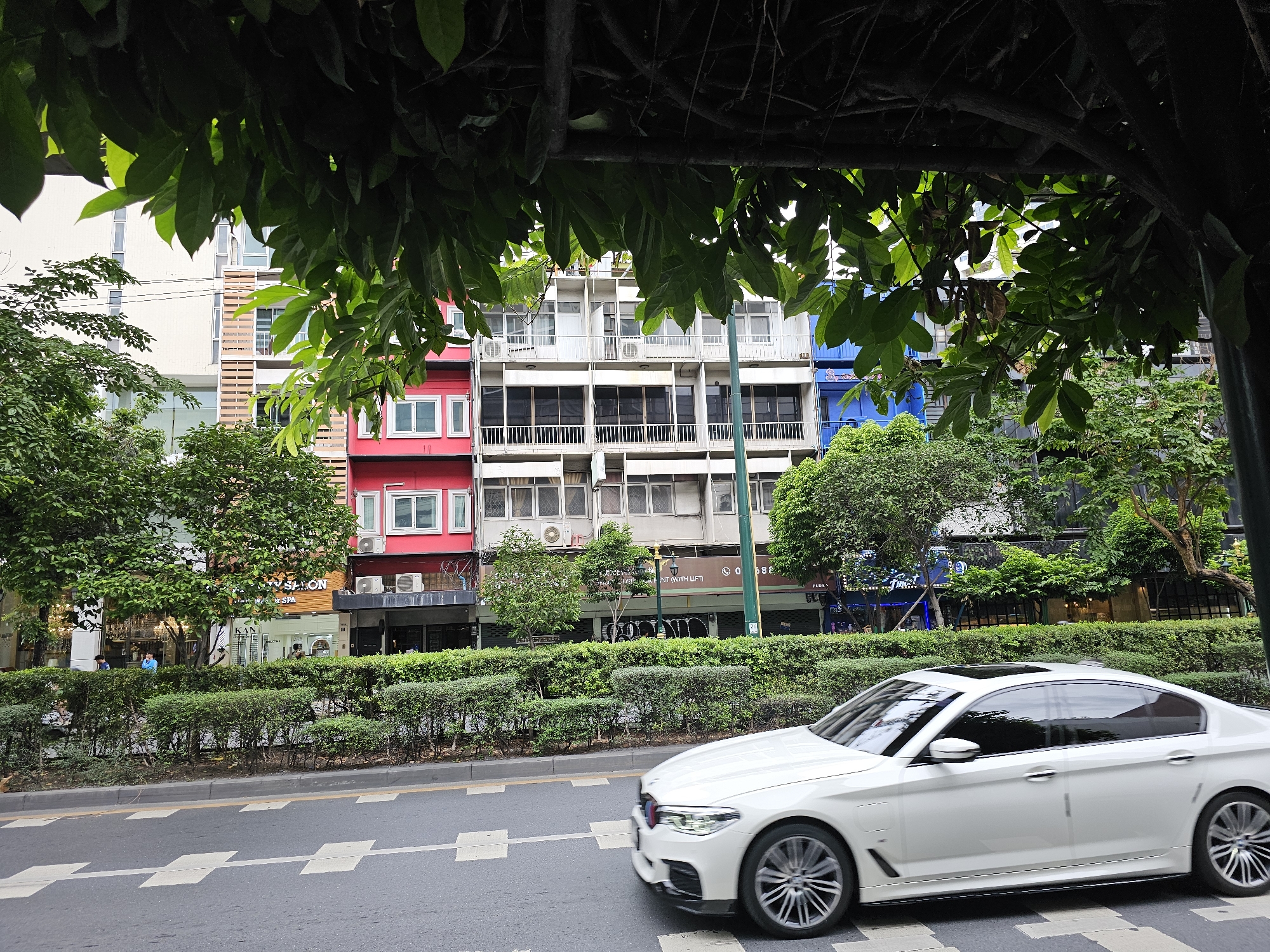 In Bangkok, Thailand, a white BMW sedan is captured in motion on a street, its front end angled towards the right of the frame. The car is positioned on the right side of the road, with a clear lane marking of alternating white squares and diamonds on the asphalt. Behind the car, a dense, well-maintained hedge runs along a sidewalk. Beyond the hedge, a row of buildings of varying heights and colors are visible. To the left, a building with a light-colored facade is prominent, featuring numerous windows. Adjacent to it, a building with a bright red facade stands out, also with multiple windows. Further to the right, several other buildings are visible, one with a blue facade and others with lighter tones, displaying a mix of window designs and architectural details, including balconies with railings. Trees with lush green foliage are interspersed between the buildings and in front of them, partially obscuring the upper floors of some structures. The foreground is dominated by the car and the road, with overhanging branches and dark green leaves from a large tree casting shadows over the scene, suggesting a street lined with mature trees. The sky is not visible.