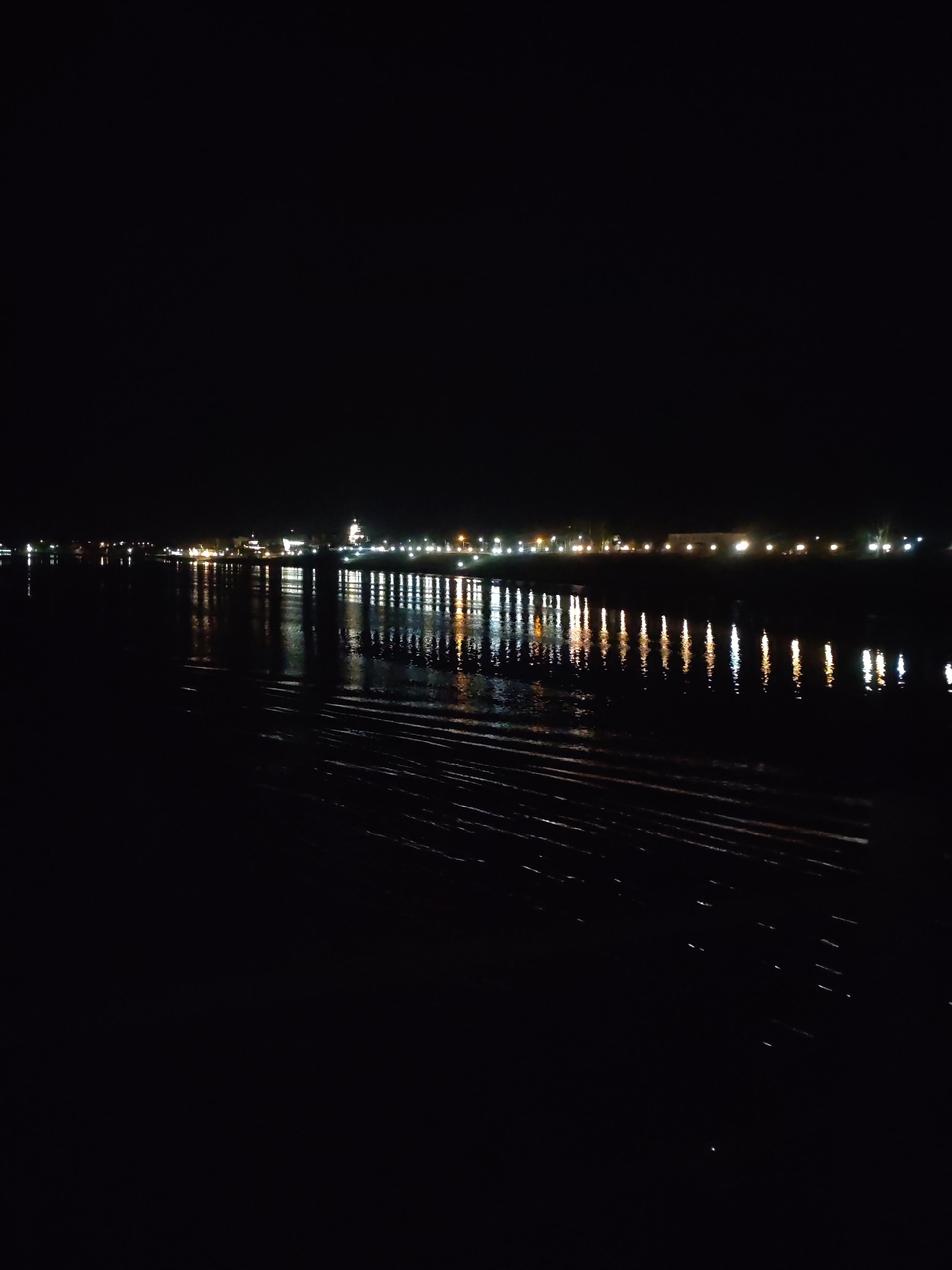 The image depicts a night scene in what appears to be Nesterovo (Slobodskoe S/P), Russia, showing a body of water (presumably a river or lake) reflecting city lights. The horizon is marked by a row of lights emanating from buildings and street lamps, creating a bright line against the dark sky. The reflections in the water create vertical streaks of light. The foreground is dark, possibly representing the shoreline or a viewing point. The overall impression is one of a quiet, illuminated cityscape reflected on the water at night. No people are visible.
