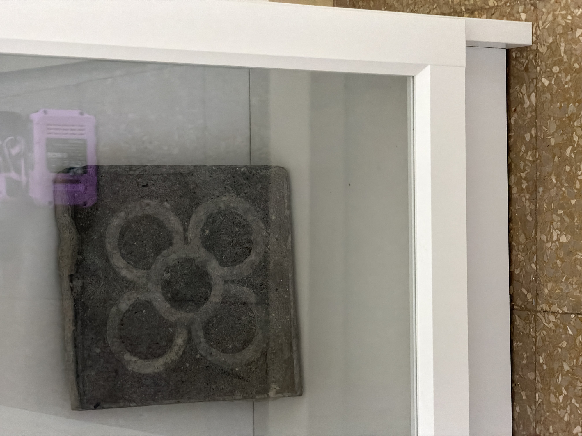 A square, grey paving stone with a raised circular floral design is displayed in a white-framed glass case. The stone appears to be made of concrete and shows signs of wear. Behind the paving stone, a faint reflection of a pink electronic device is visible on the glass. The case is situated indoors, with a tiled floor visible beneath it. The paving stone is likely a reproduction or example of the "panot" tile, a distinctive paving stone designed by architect Josep Puig i Cadafalch and widely used in Barcelona, Spain.