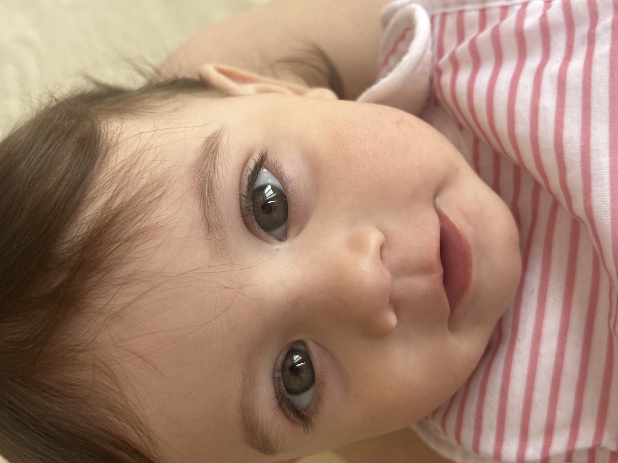 A close-up shot shows a baby lying on their back, angled towards the viewer. The baby has light skin, brown hair, and large, round, dark brown eyes that are looking directly at the camera. The baby is wearing a pink and white striped top with a white collar. The background is blurred and light-colored, giving the impression of a soft, indoor setting. The location of Elena, Bulgaria is not discernible from the image.