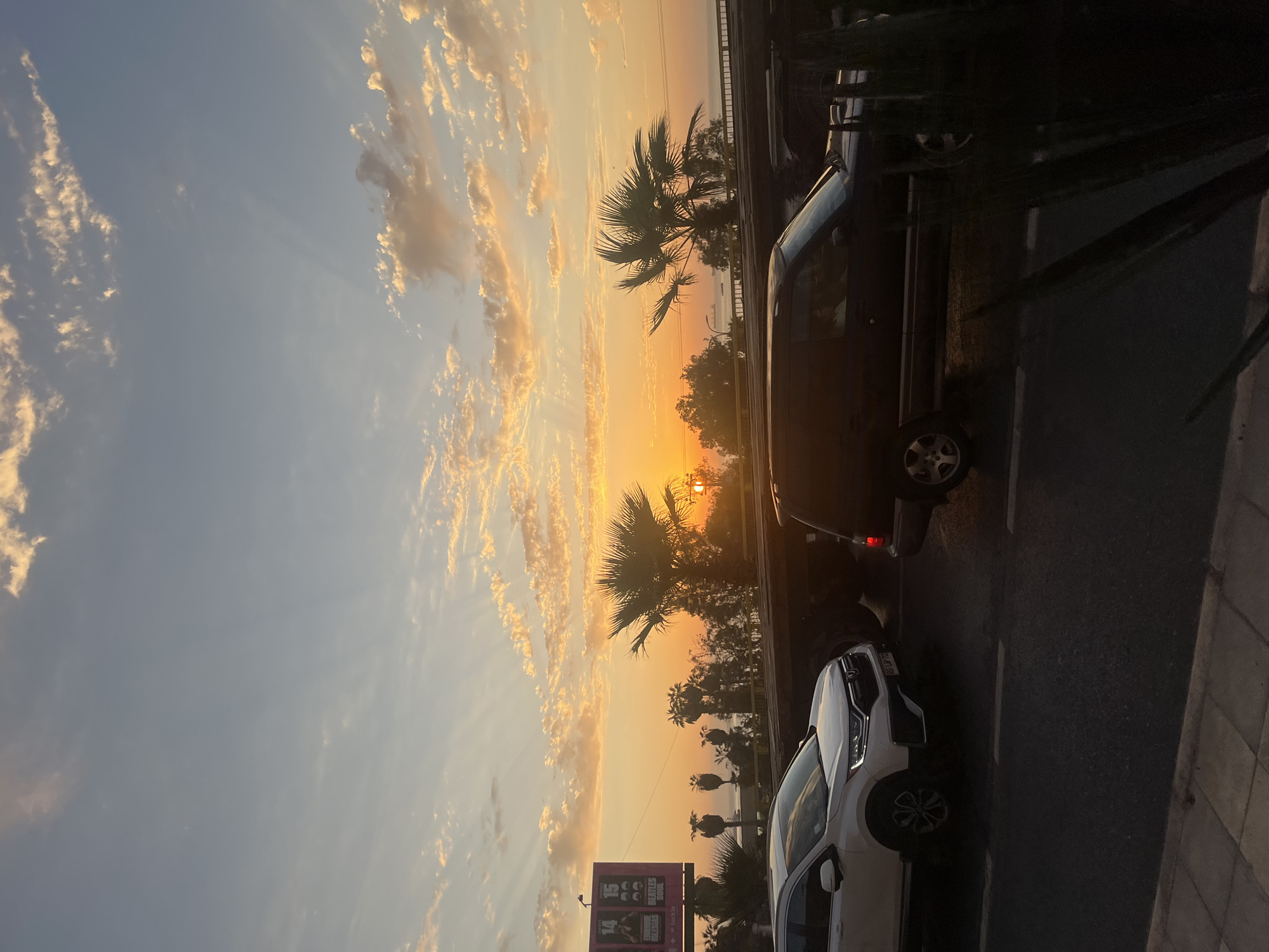 A low-angle, side-oriented photograph captures a sunset scene along a street in Arica, Chile. The sky displays a gradient from light blue at the top to golden orange near the horizon, with scattered, textured clouds illuminated by the setting sun. The sun is partially obscured by palm trees, which are silhouetted against the bright sky. A street runs along the right side of the image. Two parked cars are visible, a dark-colored SUV-type vehicle, and a light-colored sedan. A billboard is located towards the left side of the image. The sidewalk is constructed of gray stones.