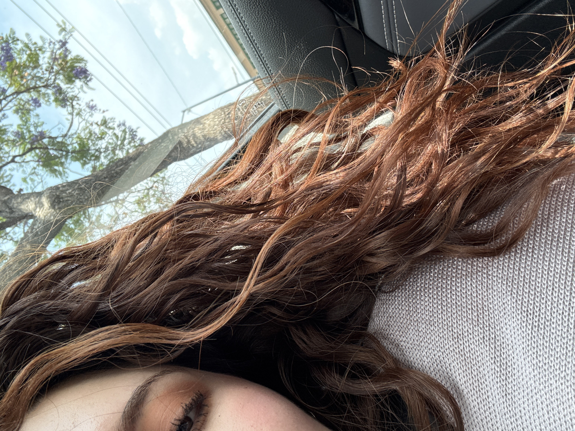 The image shows a partial view of a person lying down, likely in a car, with the person's brown hair spread across a gray knit surface. A visible eye with eyelashes is in the lower left. The background, visible through a car window, shows a tree with purple flowers and a bright sky, suggesting an outdoor setting. The interior of the car is also visible, including a black leather section with white stitching.
The location appears to be Mexico City, Mexico, based on the presence of jacaranda trees, which are common in the city.