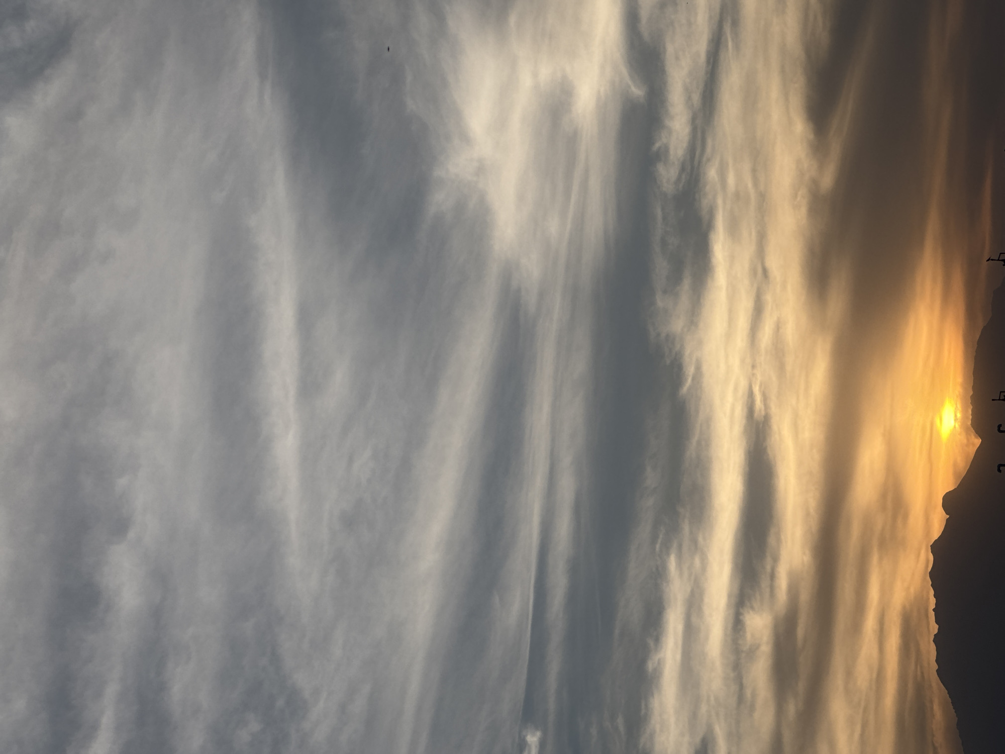 The image presents a wide, scenic view of a sky at either sunrise or sunset, dominated by clouds and a mountainous horizon. The sun, appearing as a bright, golden orb, is positioned towards the right side of the frame, partially obscured by the dark silhouette of a mountain range below. This creates a strong, warm glow that permeates the right half of the sky.
The sky is filled with long, streaky, and wispy clouds, likely cirrus, which stretch horizontally across the frame. These clouds exhibit a vibrant color gradient: those closer to the sun are illuminated with brilliant golden, orange, and warm yellow hues, while further to the left, the clouds transition into cooler tones of grey and blue. The transition of light and color across the clouds suggests dynamic atmospheric conditions.
The lower portion of the image reveals a dark, indistinct silhouette of a mountain range, forming the horizon line against the luminous sky. This suggests a setting with natural, rugged topography. The overall scene evokes a sense of tranquility and natural beauty, characteristic of twilight. There are no identifiable people or specific man-made objects. A very small, dark speck, possibly a bird or insect, can be faintly observed in the upper left portion of the sky. No visible text is present. This picturesque moment is set in San Francisco Ocotlán (Ocotlán), Mexico.