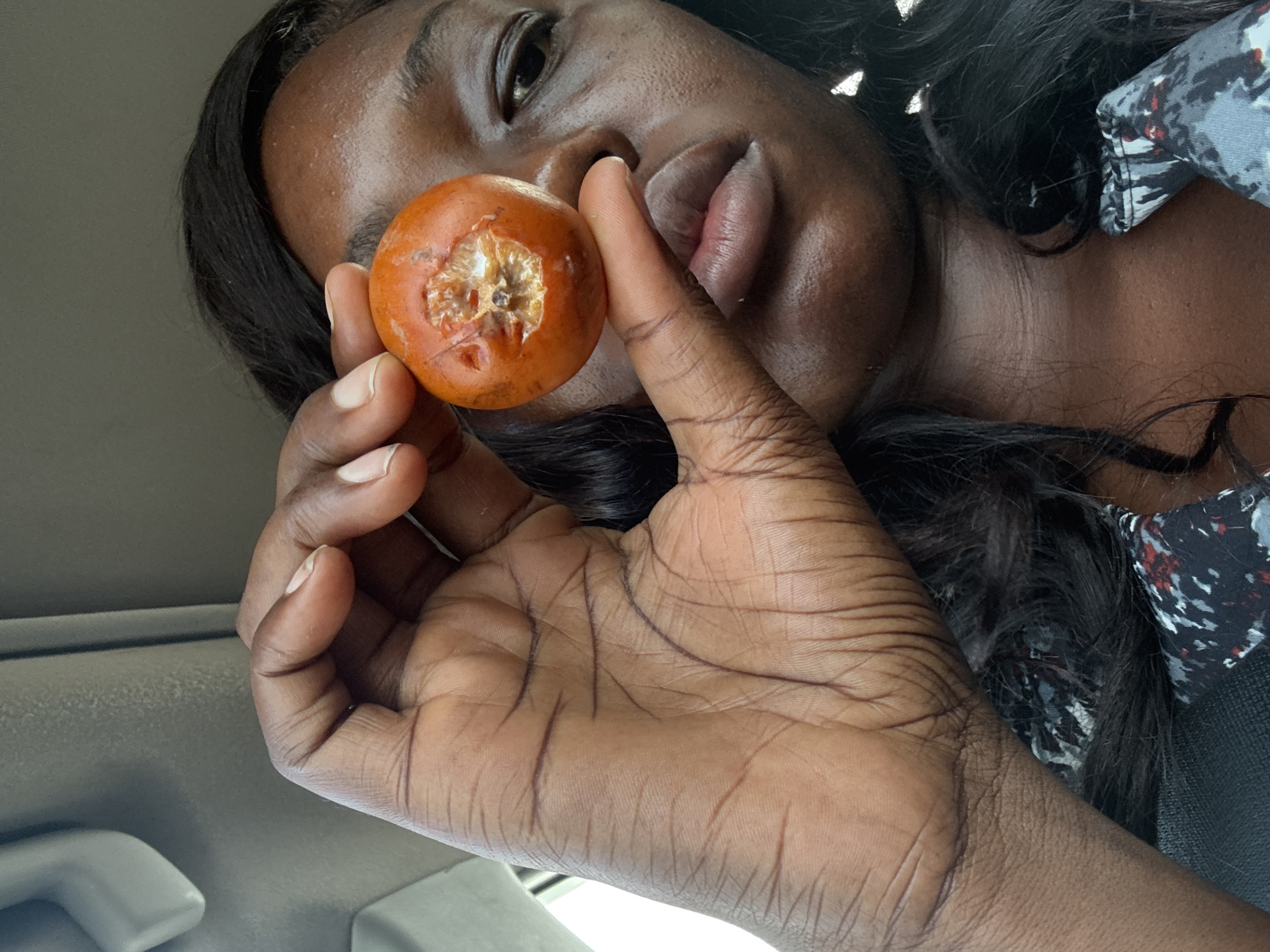 A close-up, low-angle shot features a person with dark skin and dark, wavy hair, looking directly towards the camera. The scene appears to be set inside a vehicle, likely in Kuchingoro, Nigeria, given the provided context.
The person's face is visible in the upper right quadrant of the image, with their left eye open and their full lips slightly parted. Their right hand is prominently displayed in the foreground, holding a small, round, orange-colored fruit between the thumb and index finger. The fruit has an uneven surface and features a distinct, lighter-colored indentation or opening on one side, exposing part of its interior. The palm of the hand is clearly visible, showing intricate lines and wrinkles.
Part of a patterned garment, possibly a shirt or headwrap with grey, black, and red abstract designs, can be seen on the right side of the frame, near the person's head. The background consists of the light-colored interior roof of what appears to be a car or bus, including a subtle handle or trim element. The lighting suggests it is daytime. The person's expression is neutral, and they seem to be presenting the fruit to the viewer. No text is visible in the image.