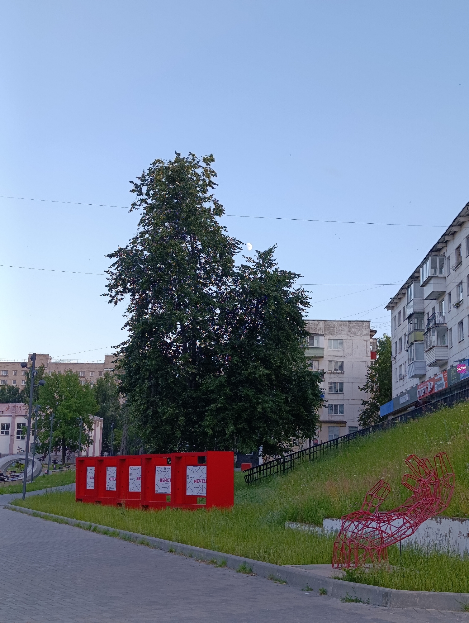 The image depicts an outdoor scene in the city of Chaikovsky, Russia, likely in a public area or park. In the foreground, a paved walkway runs along a grass-covered slope. To the left, a series of five identical bright red rectangular structures are lined up. Each structure has a white panel with text in Cyrillic script. On the right side of the slope, a large, abstract red metal sculpture resembling a hand or a skeletal structure is placed.
Behind the red structures, a very large, leafy green tree dominates the midground. The tree is lush and full, obscuring much of the background. Further in the background, several multi-story buildings are visible, characteristic of urban residential architecture, with balconies and numerous windows. The sky is a clear, pale blue with a faint crescent moon visible. Electrical wires stretch across the sky. A few small birds are scattered in the sky, barely visible. The overall atmosphere suggests early morning or late evening due to the soft lighting. The scene appears to be tranquil and without any human presence.