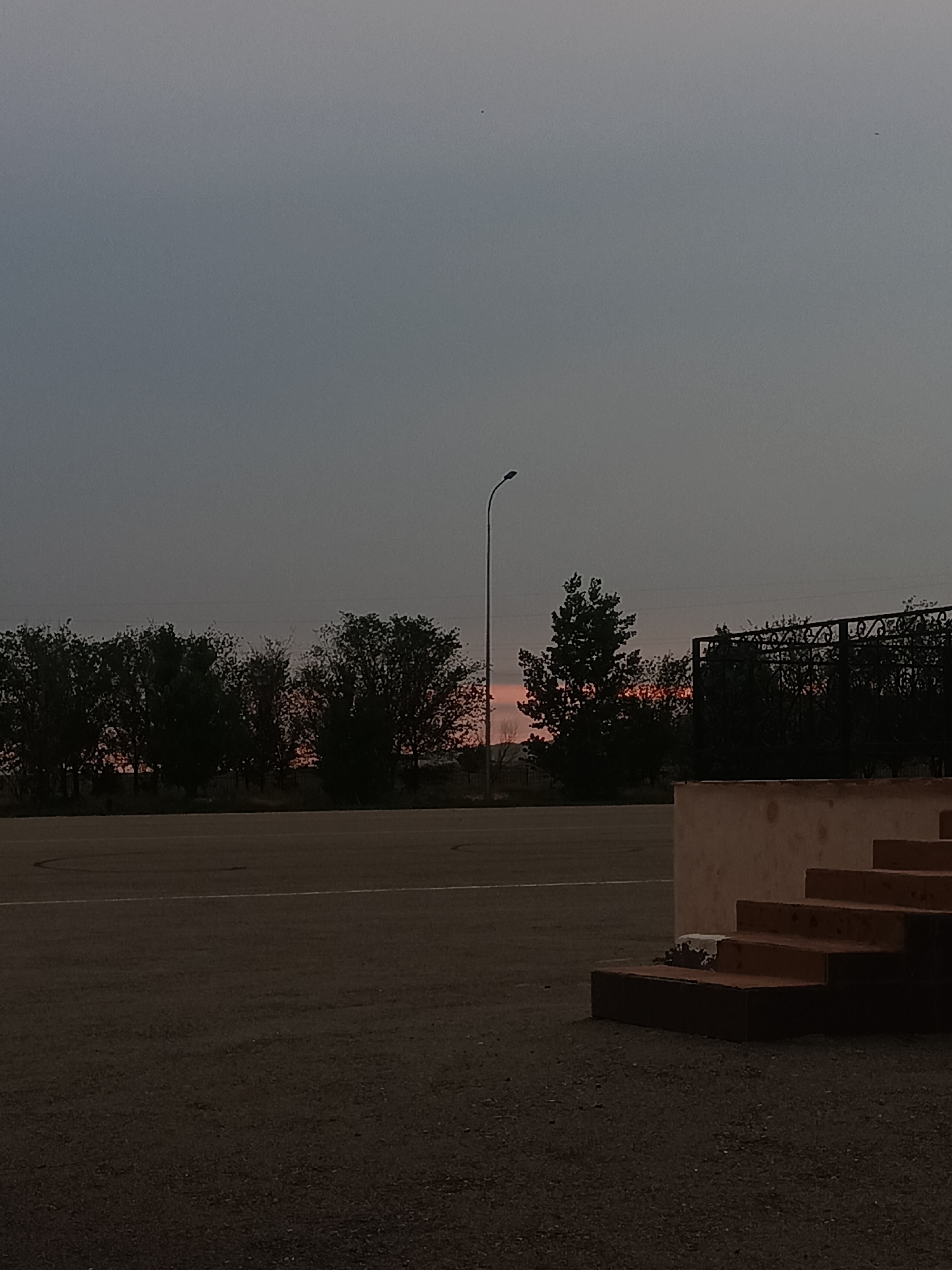 The image depicts an outdoor scene at dusk, likely in the city of Гвардейский, Kazakhstan. In the foreground, there is a dark, asphalt-like surface with some gravelly areas. To the right, a concrete structure with several visible steps leads upwards. The steps appear to be reddish-brown and show some wear. Beyond this, a line of dark trees forms a silhouette against a muted, dusky sky. A street lamp stands tall on the left side of the frame, its light not illuminated. In the distance, behind the trees and a dark metal fence, the sky shows faint hints of pink and orange, suggesting the last light of sunset. The overall atmosphere is somber and quiet, characteristic of twilight.