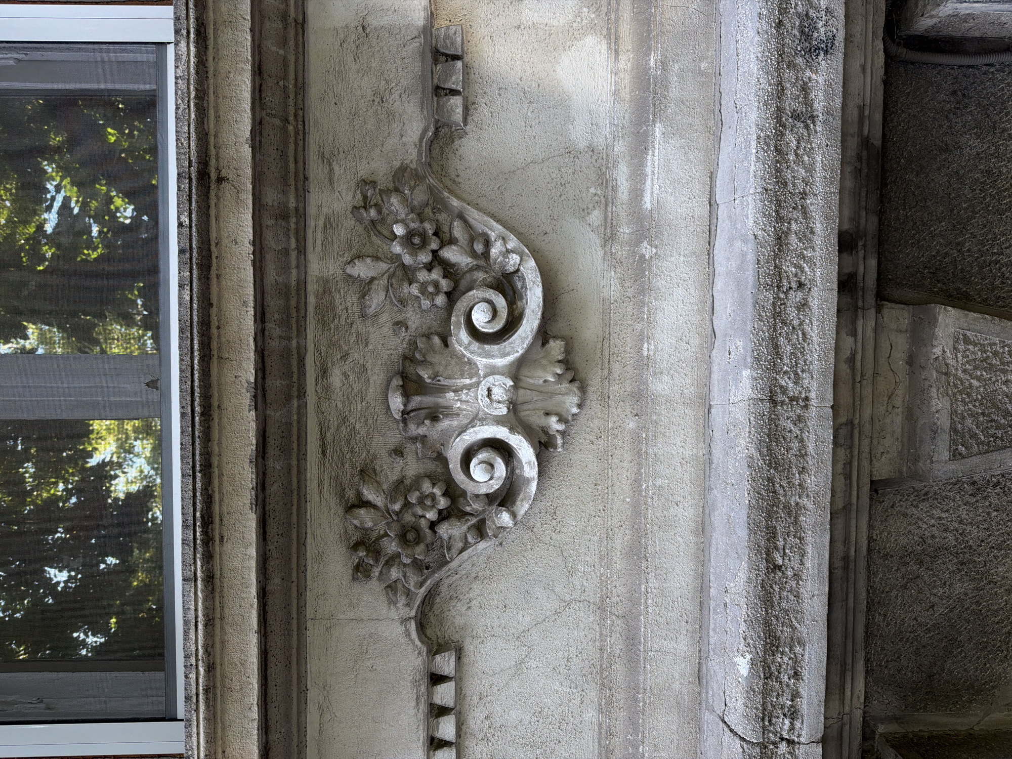 The image shows a vertical architectural detail, likely from a building in Belgrade, Serbia, based on architectural styles and materials common in the city. The detail features a floral-scroll relief carving in a light-colored material, possibly plaster or stucco, mounted on a textured wall. The wall is flanked by a vertical molding or column with visible weathering and staining. Adjacent to the left is a window with a white frame and a screen, reflecting foliage from outside. The composition is cropped to exclude a wider view of the building or surroundings. The scene appears static, focusing on the interplay of texture, form, and light across the architectural elements.