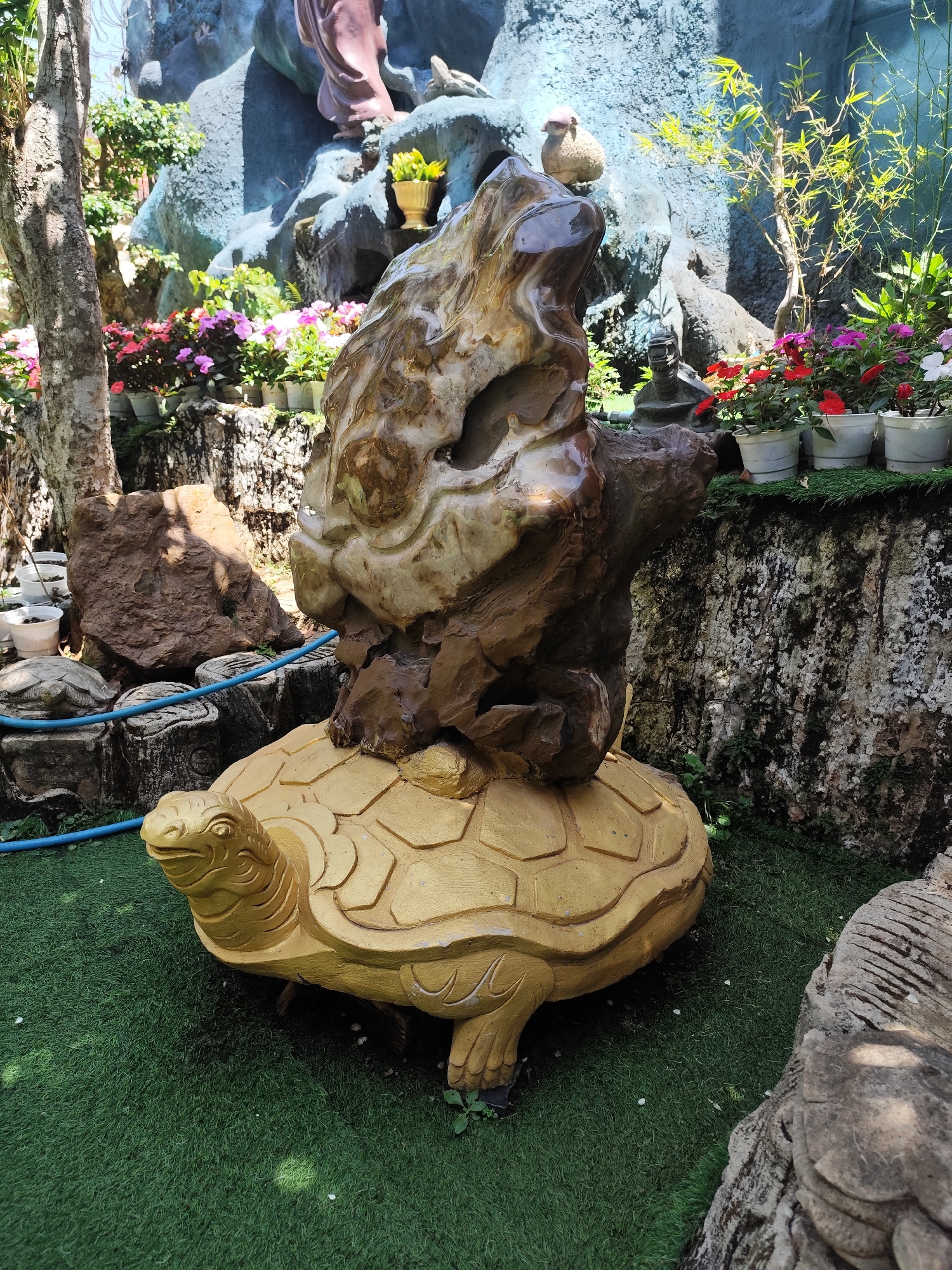 In Xuân Thành, Vietnam, a garden features a golden turtle statue supporting a large, irregularly shaped rock formation. The turtle is detailed with shell patterns and visible legs, and it sits on artificial green turf. The rock on its back is variegated with light and dark brown hues. The background includes a raised bed of multicolored impatiens flowers in white pots, set against a textured, mottled wall that may be an artificial rockscape. A tree trunk is visible on the left, and additional rocks and foliage are scattered around the scene. Overhead, there's a hint of a figure in the background, partially obscured by the faux rockscape, suggesting a religious statue is present.