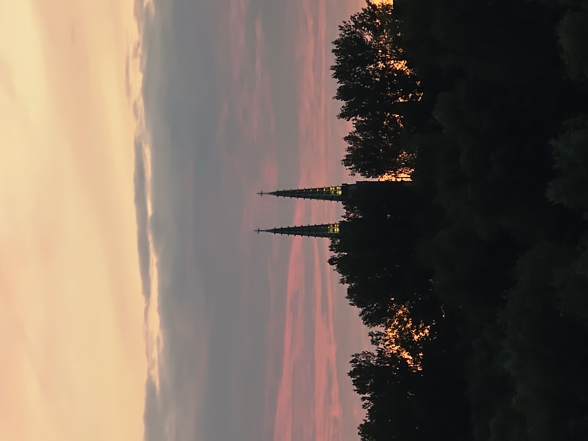 The image shows a view of two church spires rising above a silhouetted treeline against a colorful sunset sky. The sky transitions from a pale orange at the top to pink and purple hues lower down, with scattered clouds. The spires are tall and pointed, with crosses at their apexes, and appear to be illuminated. The trees in the foreground are dark and dense, obscuring much of the ground below. The scene suggests a tranquil evening in a city where natural beauty and architecture are harmoniously integrated. This view is characteristic of the area around the Vistula River in Warsaw, Poland, possibly offering a glimpse of St. Anne's Church and the Royal Castle or nearby churches from a vantage point overlooking the Old Town or the river.