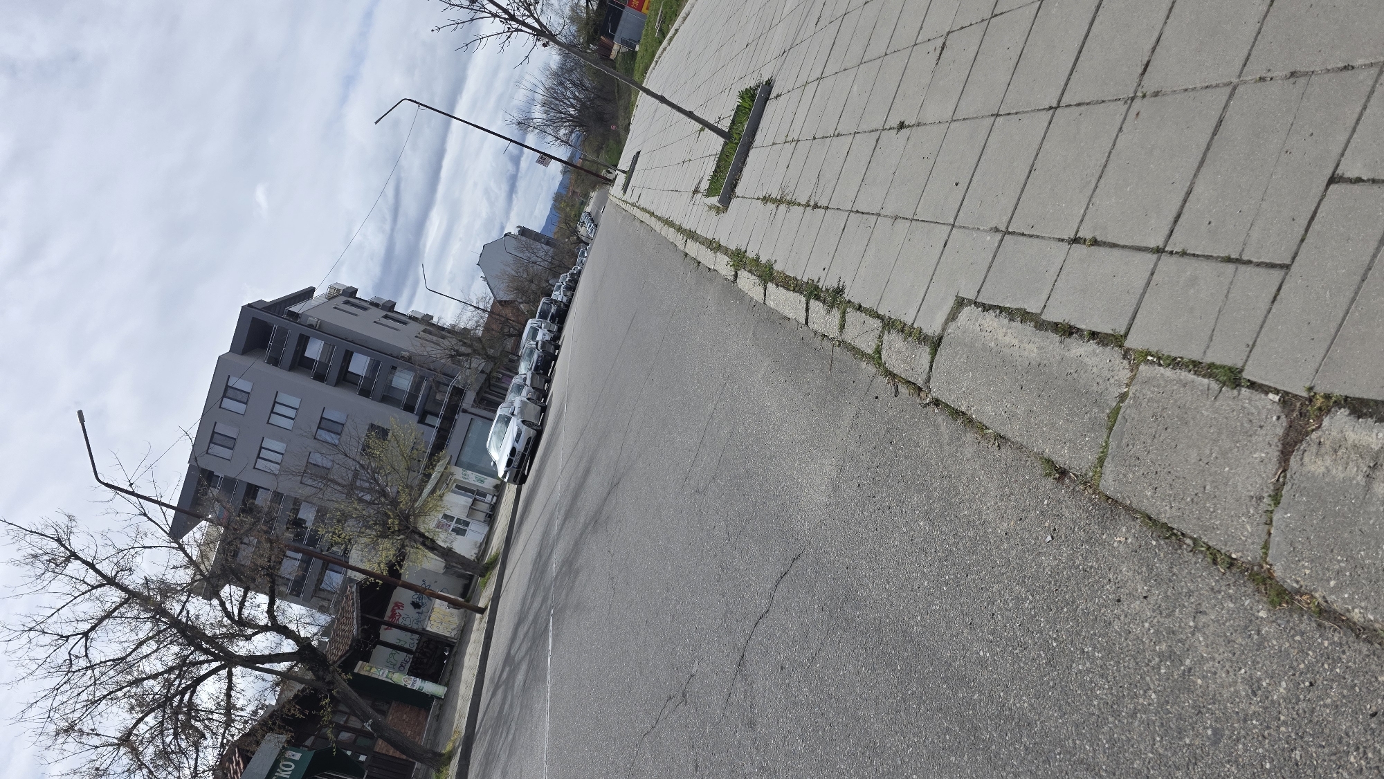 The image shows a street scene in Blagoevgrad, Bulgaria. A grey, multi-story building stands on the left side of the street. Trees with bare branches line the sidewalk. Cars are parked along the curb. The sky is overcast with cloudy patches. The street and sidewalk are made of asphalt and concrete tiles respectively, showing signs of wear and tear. The sidewalk has small rectangular openings with some greenery inside. Street lights are visible.