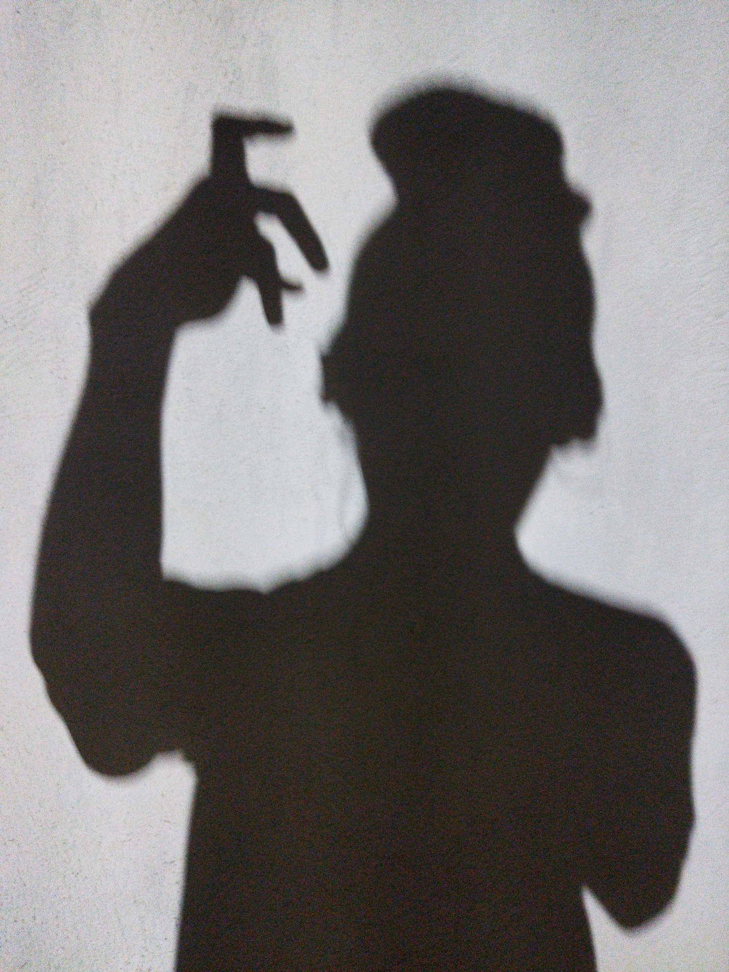 The image shows a shadow of a person cast against a light-colored wall. The person appears to have their hair up in a bun or similar style. One arm is raised, with the hand angled in a way that forms a gesture. The other arm is by their side. The image is a stark contrast of light and dark, with no other objects or details visible in the immediate surrounding area. There is no information given to suggest where in Tinaquillo, Venezuela the photo was taken.