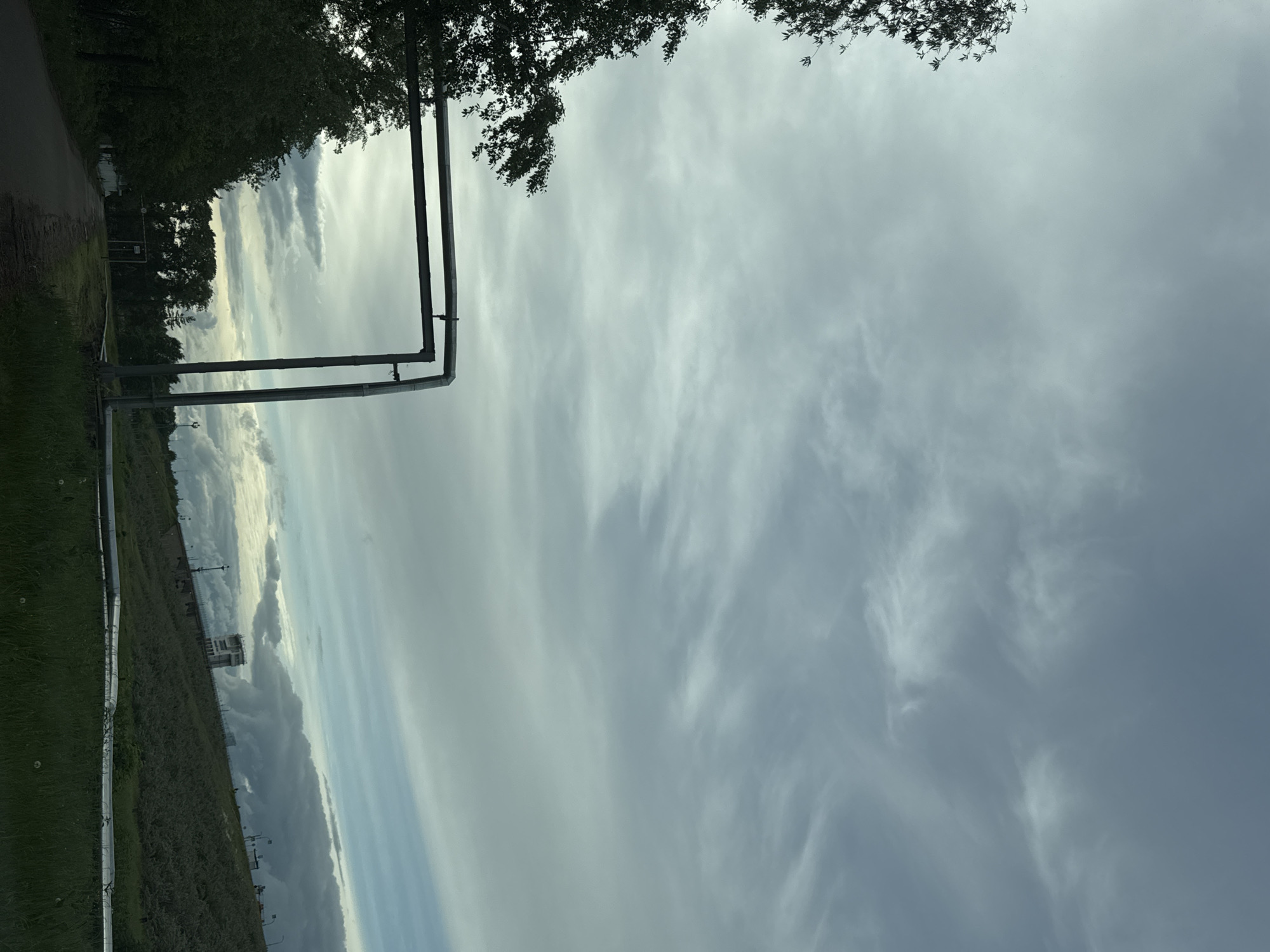 The image presents a view of the sky, primarily filled with gray clouds with varying textures and density. At the top of the frame, tree branches with leaves are visible. On the left side, there is a grassy area with shrubs or plants, and a metallic frame or structure extending upwards into the sky. Further in the background on the left, a building is partially visible, along with what appear to be utility poles or towers. The scene appears to be an outdoor shot in an urban environment during overcast weather. There is no immediate evidence of the location being specifically Chaikovsky, Russia.