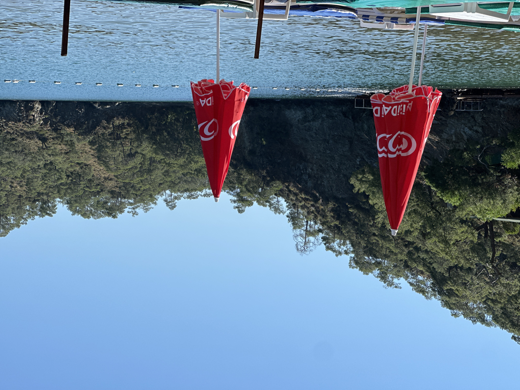 The image depicts a partially submerged beach scene, likely in or near Fethiye, Turkey, based on the presence of Mediterranean vegetation. The camera appears to be pointed upwards from the water level. Two closed red umbrellas with the word "IDA" printed on them are visible, anchored to the seafloor. The foreground is dominated by the sea, with a safety buoy line stretching across the water. Above the buoy line, the shoreline is visible, covered with a dense forest. Overhead, a clear, blue sky is visible.