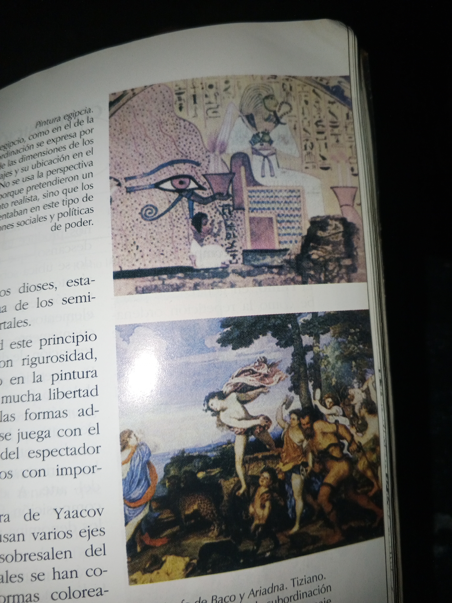 The image is a photograph of an open book with two illustrations. The left page contains text in Spanish and the right page displays two distinct artworks. The upper artwork is a depiction of an Egyptian eye, likely from a mural or tomb painting, with hieroglyphs and figures surrounding it. The lower artwork is a Renaissance-style painting featuring a scene with multiple nude figures in a natural setting. The text on the left page discusses Egyptian painting and its principles, as well as a separate topic related to "Yaacov." There is no mention or depiction of La Tagua, Venezuela in this image.