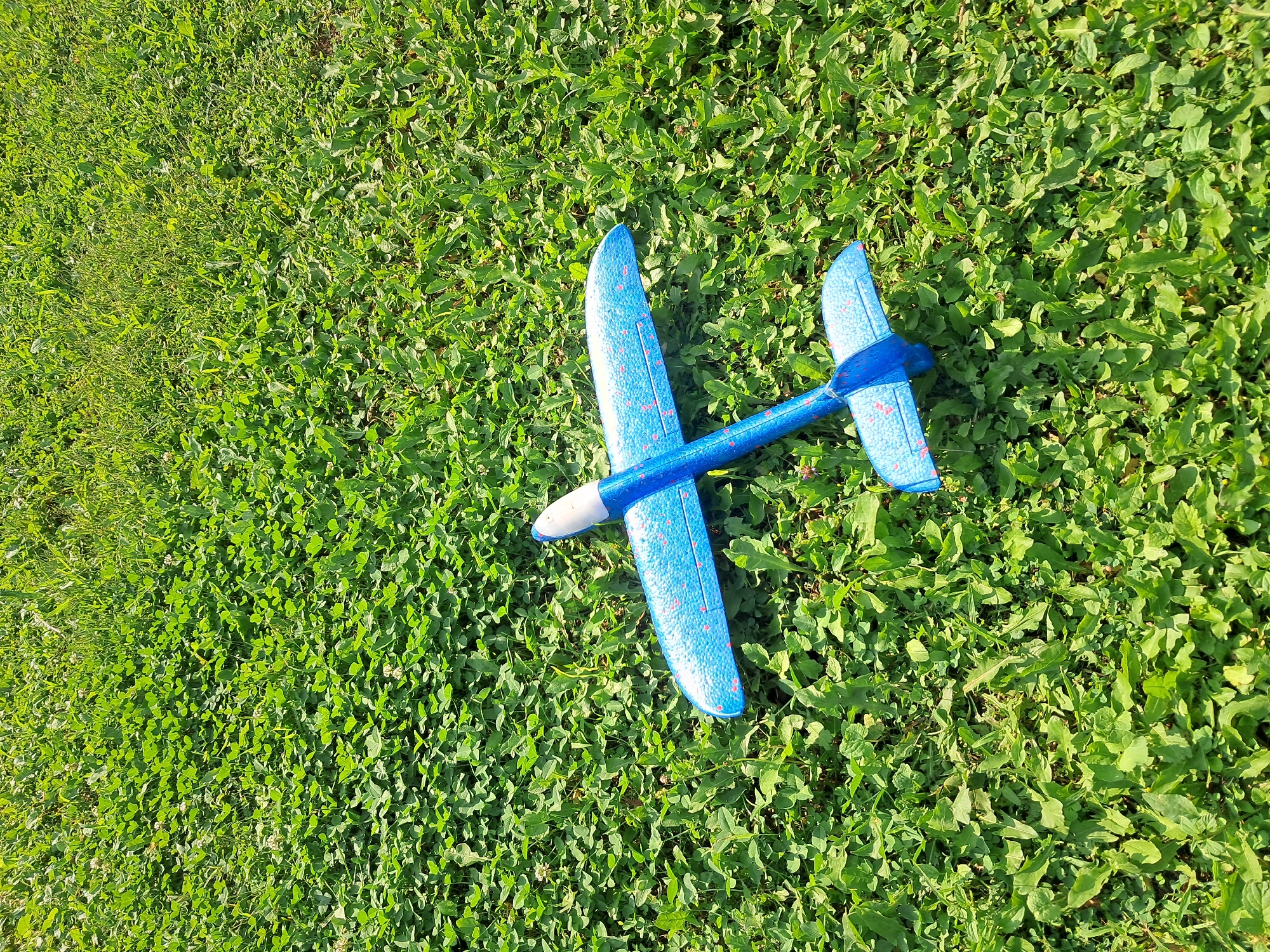 An overhead shot shows a blue toy airplane with red speckles resting on a patch of lush green clover and grass. The airplane is positioned diagonally, with its nose pointing towards the upper right of the frame. The toy is made of foam and features white accents on its nose and tail. The ground is a dense carpet of vibrant green foliage, with small white clover flowers interspersed throughout. The scene appears to be outdoors, possibly in a park or backyard, under bright sunlight, as indicated by the shadows and highlights on the grass. The image is taken in Ivanivka, Ukraine.
