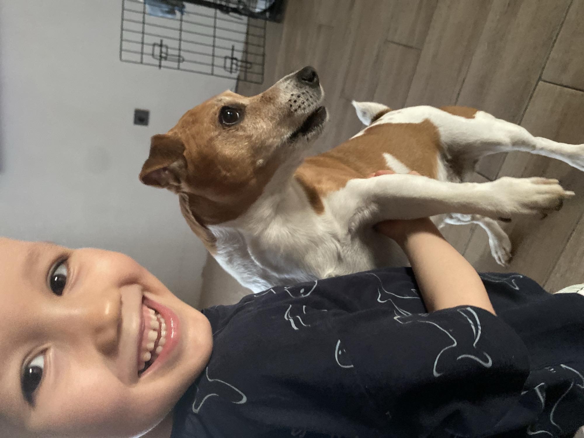 A child and a Jack Russell Terrier dog are the primary subjects of the image. The child, with a wide smile revealing teeth, is positioned in the foreground, suggesting a selfie perspective. The dog, displaying brown and white fur, is positioned behind and slightly above the child, looking upwards. The child's arm is visible, seeming to hold or be interacting with the dog.
The background includes a dog crate, suggesting the scene is indoors, possibly a home. The flooring appears to be tiled.
The city of Chaikovsky, Russia, cannot be determined from the image alone.