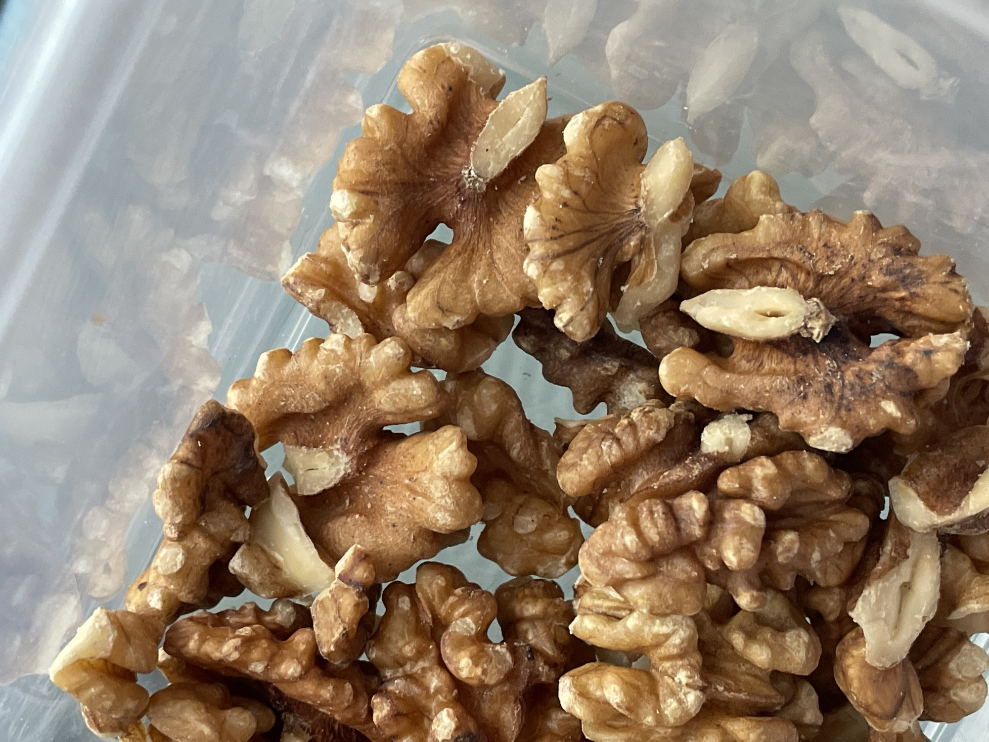 The image shows a close-up of walnut halves inside a clear plastic container. The walnuts are mostly brown, with some lighter-colored pieces visible. The plastic container appears to be partially filled with walnuts. No people or specific location details relating to Zheleznogorsk, Russia, are discernible from the image.