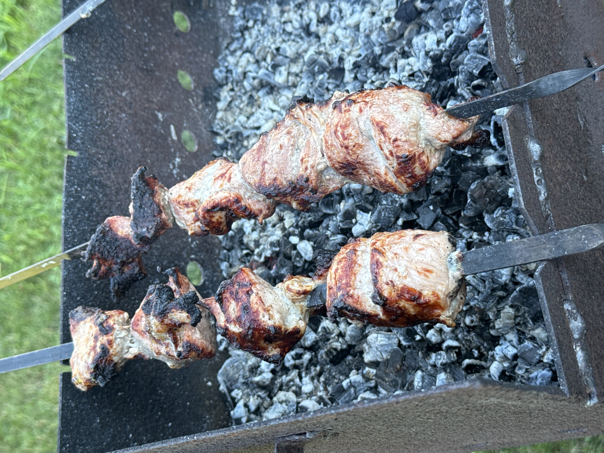 Two metal skewers, each holding several pieces of grilled meat, are positioned over a bed of glowing charcoal in a black metal grill. The meat appears to be pork, with some pieces exhibiting charring. The grill is outdoors, with green grass visible in the blurred background. The scene is focused on the food being cooked.