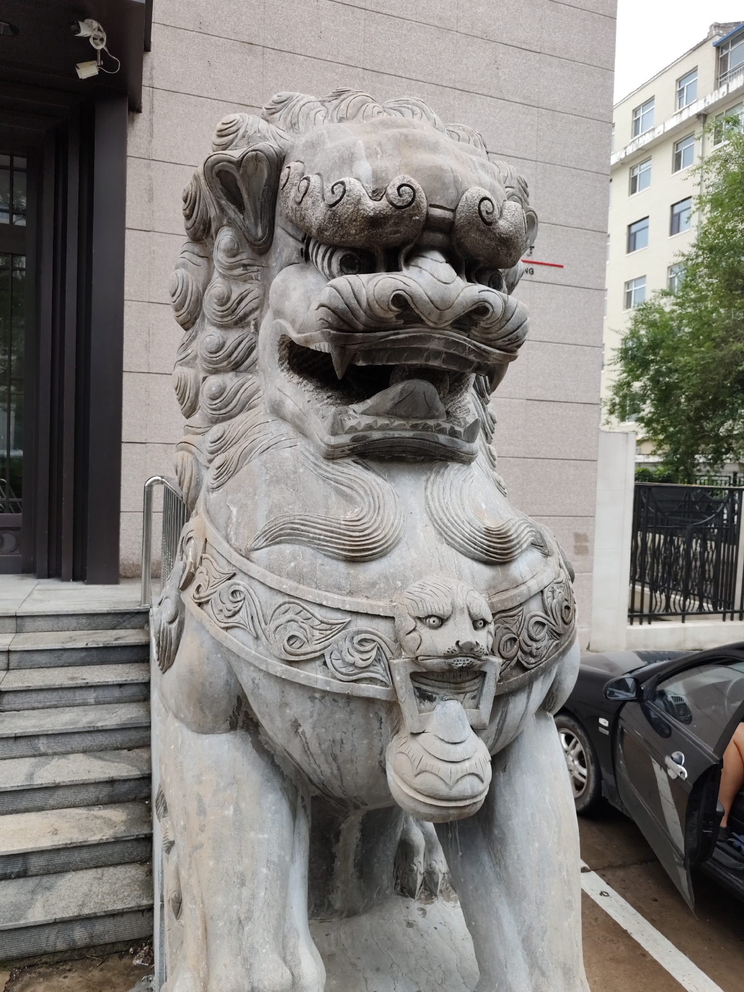 A stone statue of a Foo dog, also known as a guardian lion, stands in front of a modern building with a grey stone facade. The statue is intricately carved with a detailed mane, fierce expression, and a decorative collar. To the left of the statue, a dark-colored door with glass panels is visible, alongside a set of grey stone stairs with a silver railing. In the background, a multi-story building with white window frames and a green tree can be seen. A black car with its driver's side door open is parked to the right of the statue. The scene appears to be located in an urban setting in 幸福乡, China.