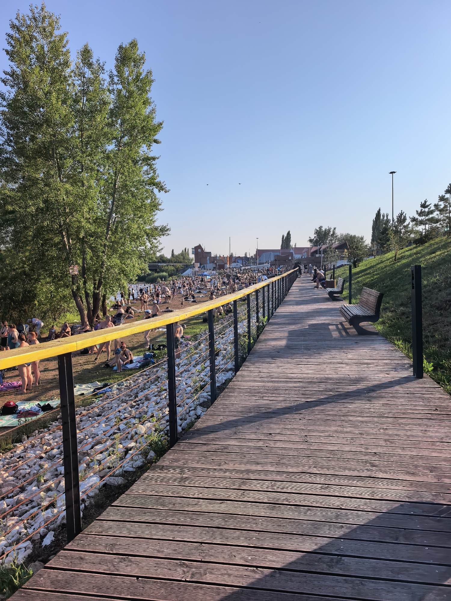 The image depicts a sun-drenched scene at a popular outdoor recreation area in Sterlitamak, Russia. A wooden boardwalk, constructed from planks running perpendicular to the viewer, dominates the foreground and extends into the distance. The boardwalk is lined with a yellow railing and black metal posts, with several park benches positioned along its edge, some occupied by individuals.
To the left of the boardwalk, a grassy embankment slopes down towards a body of water. This area is densely populated with people, many of whom are wearing swimwear and are engaged in various activities. Some are sunbathing on towels or blankets spread across the grass, while others are gathered in small groups, socializing. A large tree with green foliage stands prominently on the left side, providing shade to some of the people below. The ground near the water's edge is covered with white stones and sparse vegetation.
In the background, beyond the crowds and the tree line, a cityscape is visible. Buildings with red-tiled roofs and some taller structures, including what appears to be a clock tower, are discernible. The sky is clear and blue, indicating fair weather. The overall impression is that of a lively, summer day at a public gathering spot.