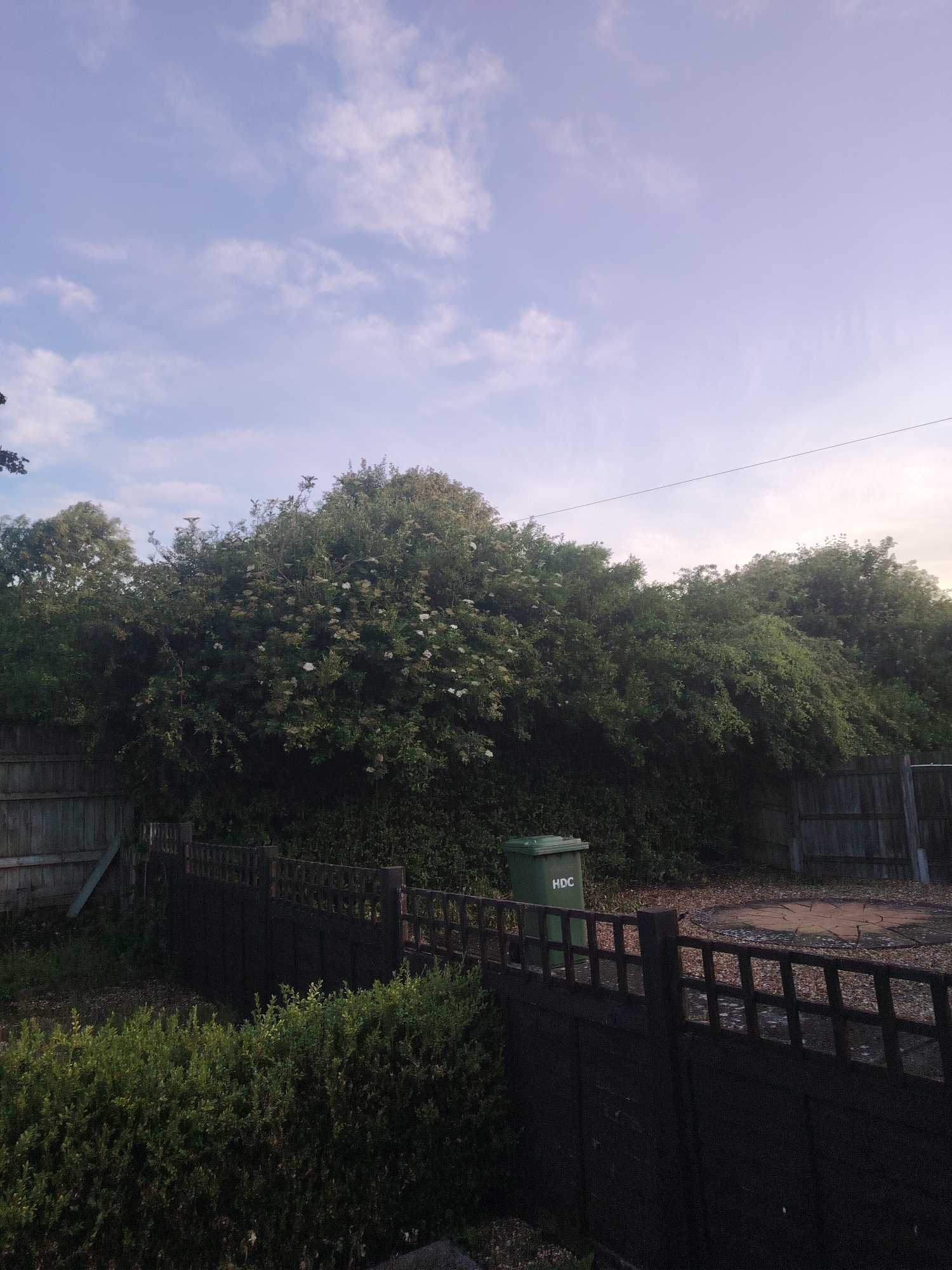 The image captures an outdoor scene, likely a backyard or property boundary, situated in the administrative area of Huntingdonshire, United Kingdom, as identified by the "HDC" marking on a green wheelie bin. The scene is dominated by a dense, tall line of lush green trees and shrubs, many of which bear white blossoms, forming a natural barrier in the background.
In the midground, a dark-stained wooden fence, featuring both solid panels and a lattice-top section, traverses the image. An older, lighter wooden fence or gate is partially visible to the far left. A green wheelie bin, clearly marked with "HDC" in white letters, is positioned behind the lattice fence, towards the left of the frame.
To the right of the bin and behind the fence, the ground is covered with a mixture of gravel and fallen leaves, leading to a distinct circular paved area with a radial pattern. The immediate foreground shows a low, dense green hedge. The sky is a light blue with scattered white cumulus clouds, indicating natural daylight. A single black overhead power line stretches horizontally across the upper right portion of the image. No people or animals are present.