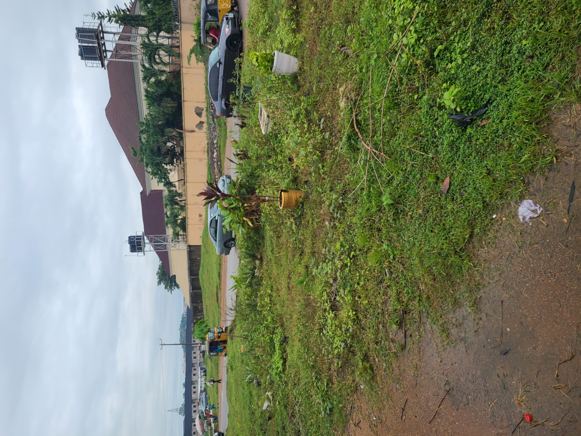 A medium shot captures an overcast day in Abuja, Nigeria, featuring a patch of overgrown green grass in the foreground. The grass is interspersed with small plants and some scattered debris, including a piece of black plastic and white crumpled paper. A dirt path with puddles runs along the bottom left of the frame. In the middle ground, several potted plants are visible, one in a yellow pot and another in a white pot. A dark-colored sedan is parked on a road that curves through the scene, and a yellow auto-rickshaw, also known as a Keke Napep, is parked nearby. Further in the background, a tan-colored wall topped with barbed wire separates the road from a residential area. Beyond the wall, a large building with a red-tiled roof and light yellow walls stands, featuring two large black water tanks on a metal platform. More buildings and vegetation are visible in the distance under the cloudy sky.