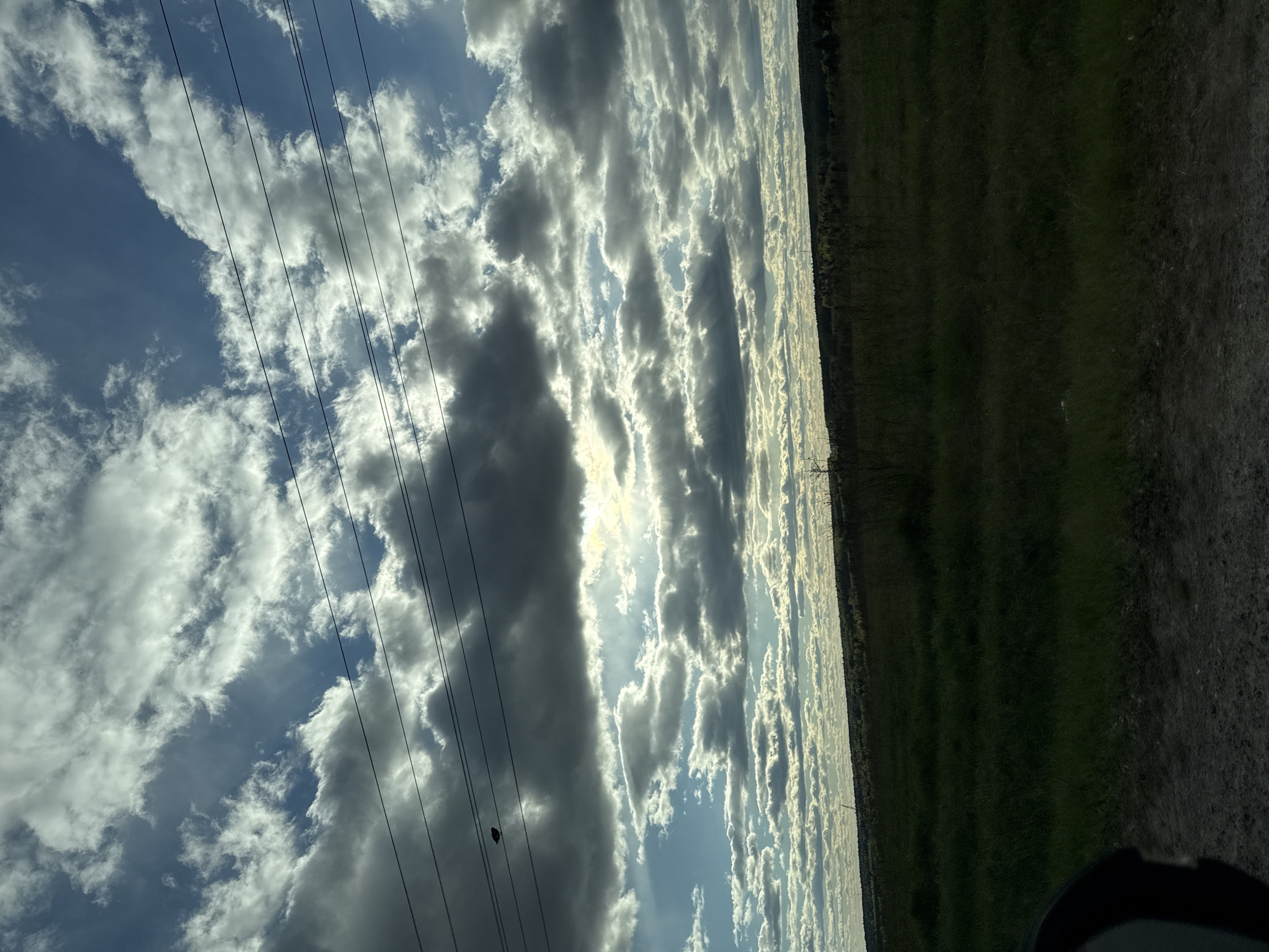The image shows a view of the sky, land, and utility lines, likely taken in a rural area near Пихтовка, Russia. The sky is mostly blue, partially covered with white and grey clouds that appear textured. Utility lines stretch across the left side of the sky. On the right side of the image, there is a field of dark green grass or vegetation. Part of a car is visible in the lower right corner.
