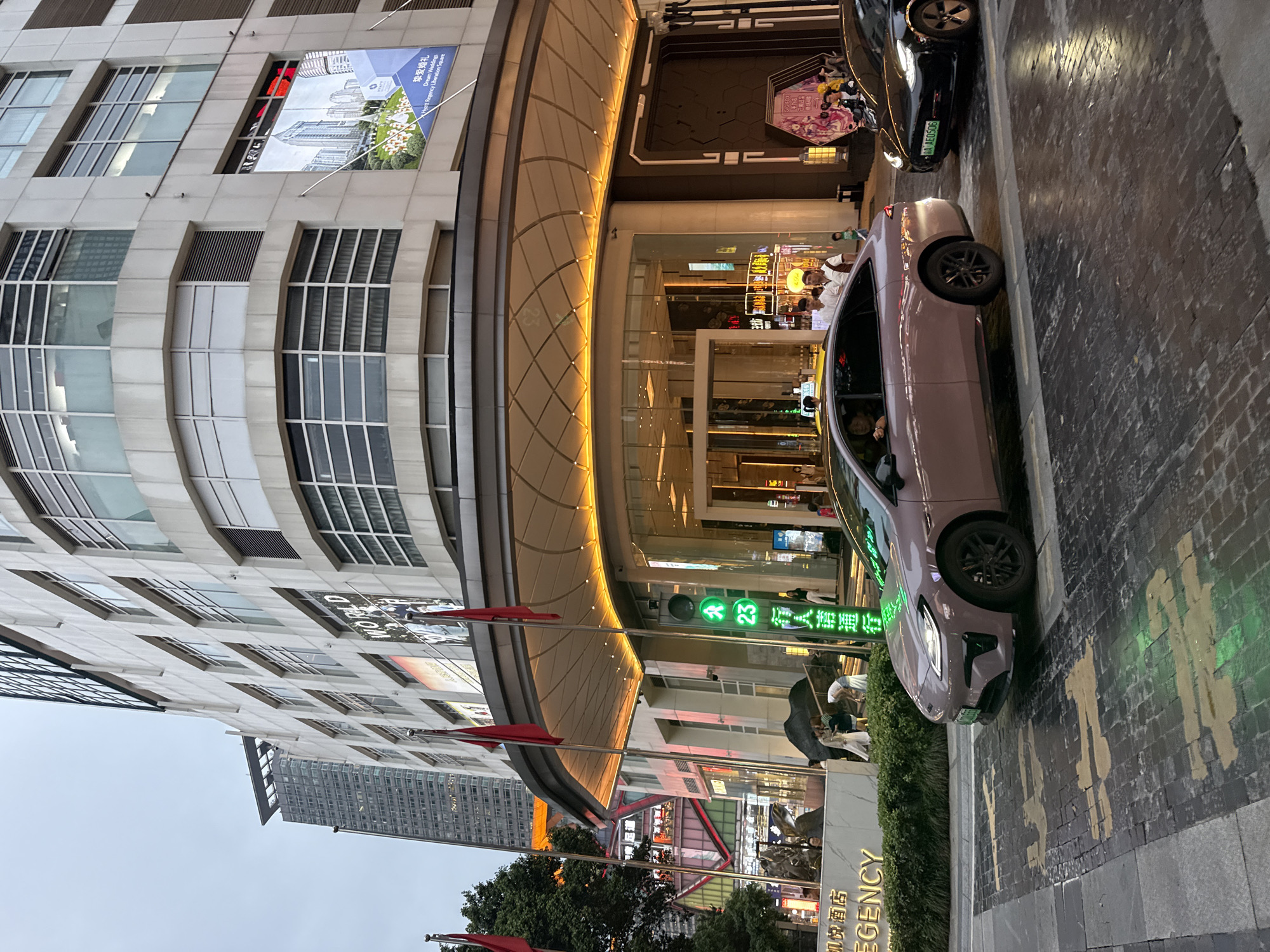 The image captures a street scene in Yuzhong District, China, on a cloudy day. A light purple sedan is stopped at a traffic light, which is illuminated green with Chinese characters and the number "23" visible. The sedan has its headlights on. Behind the sedan, a black Tesla is also stopped at the light.
In the background, a large, modern building dominates the frame, featuring multiple floors of windows and a curved entrance canopy illuminated with warm yellow lights. Red flags are displayed prominently on poles in front of the building. A large banner advertising "Dream Weddings" at the Hyatt Regency Liberation Square is visible on the building's facade.
Several people are visible near the entrance of the building, some holding umbrellas, suggesting it might be raining or has recently rained, as indicated by the wet pavement. The street is paved with brickwork, and yellow painted lines are visible on the road. Signs in Chinese characters are present on some of the storefronts in the background. A dense urban environment with other buildings visible in the distance is implied.