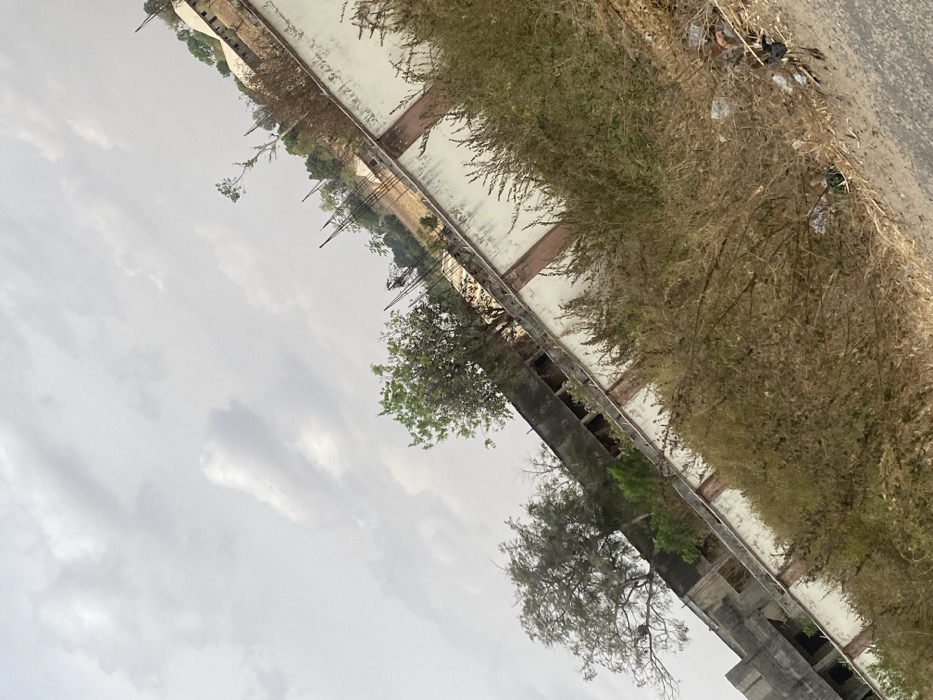 The image captures an outdoor scene in Angwan Eggon, Nigeria, taken from an oblique angle tilted upwards to the right. The foreground presents a section of dark asphalt or dirt road, bordered by an unkempt area of dry, light brown, and green vegetation. Scattered white plastic bags and other debris are visible within this vegetation near the road. A light-colored, possibly cream-painted, concrete or masonry wall with vertical reddish-brown accents runs diagonally across the midground. Behind the left portion of this wall, a dilapidated, multi-story building with dark, visible window openings is present. To the right, behind the wall, several vertical metal rods, consistent with rebar for construction, protrude upwards. Various trees with green foliage are distributed across the mid-to-background, and distant structures with light-colored roofs are faintly discernible. The sky is uniformly overcast with shades of grey and white clouds. No individuals are depicted in the scene.