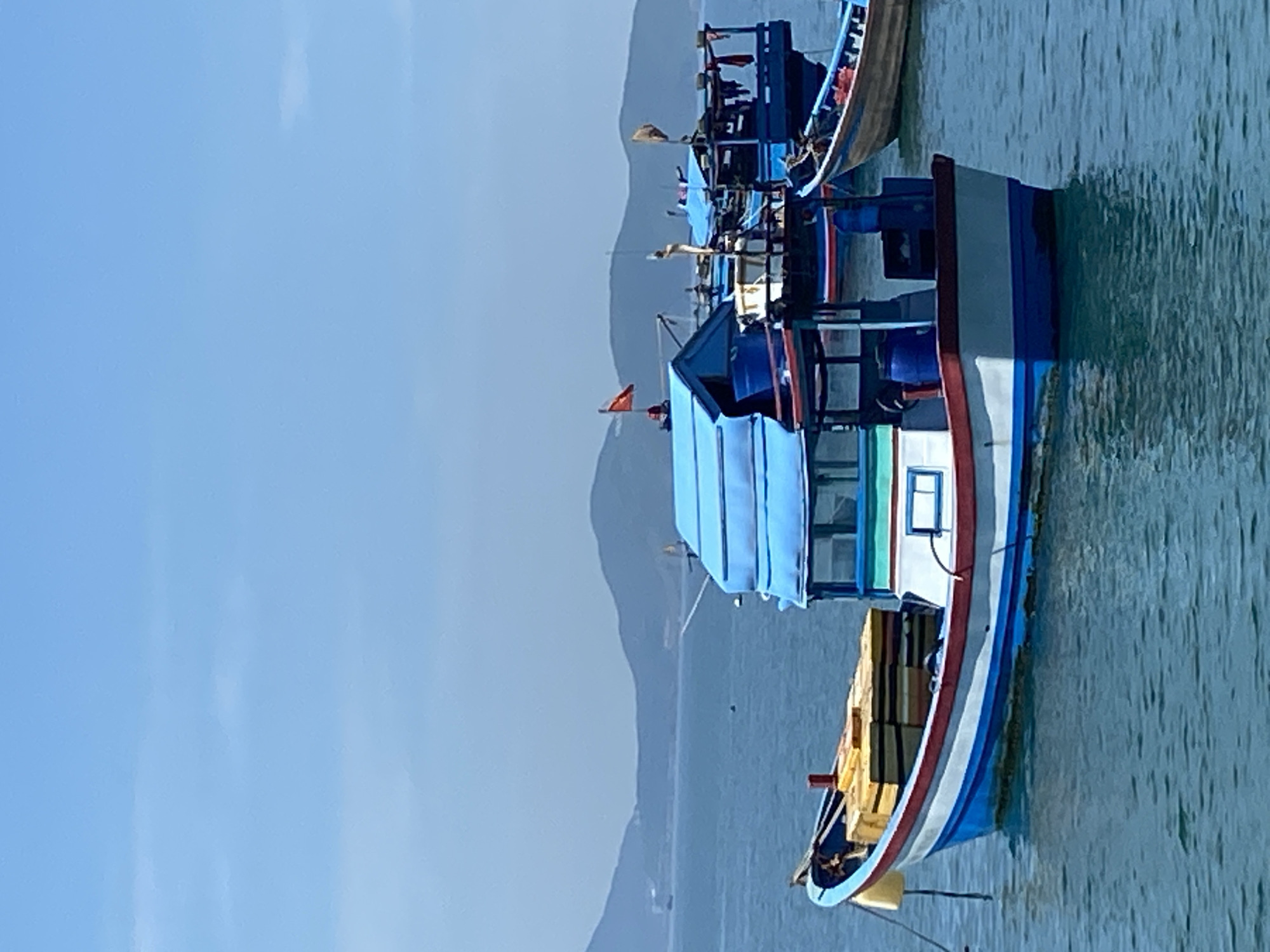The image depicts a fleet of fishing boats moored in the calm, blue waters of Nha Trang, Vietnam, with a hazy mountainous landscape in the background under a clear sky. The foreground is dominated by a brightly painted fishing boat, featuring a blue roof, white and blue hull, and a red stripe along the waterline. This boat carries stacks of yellow crates. Behind it, other fishing boats, also painted in vibrant blues and reds, are visible. The overall scene suggests a typical day in a Vietnamese fishing village or harbor, where these vessels are essential for the local economy and way of life.