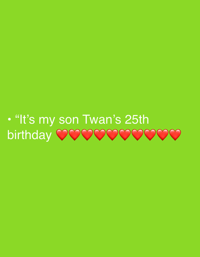 The image is a green screen with white text. The text reads "It's my son Twan's 25th birthday," followed by ten red heart emojis. There is no information in the image related to the city of Grimaud, France.