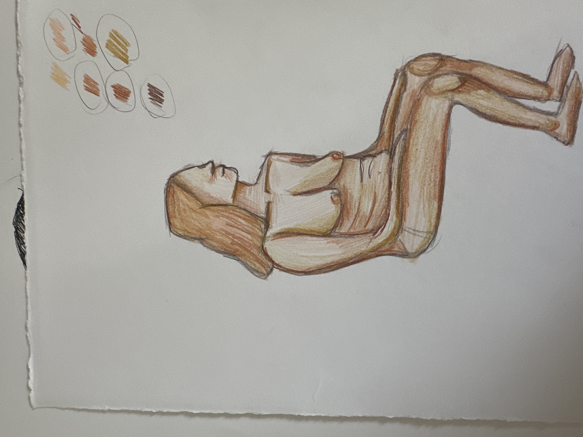 The media file presents a colored pencil drawing on a piece of white paper, characterized by a roughly torn edge on the left, suggesting it may be a page from a sketchbook.
The primary subject is a stylized, nude human figure, likely female, depicted in profile and lying down in a relaxed or reclining pose. The figure is rendered using various shades of brown, beige, and yellow colored pencils, illustrating an attempt at shading and depicting different skin tones.
In the upper left corner of the paper, there are several circular swatches of colored pencil marks. These swatches display a range of skin tones, from light beige and yellowish-brown to medium and darker browns, indicating a study or selection of colors for the drawing.
No specific activity beyond the act of drawing and the figure's state of repose is taking place. The figure appears to be in a relaxed or contemplative state. There are no discernible location cues, time of day, or weather conditions depicted within the drawing itself. The image contains no visible text.
