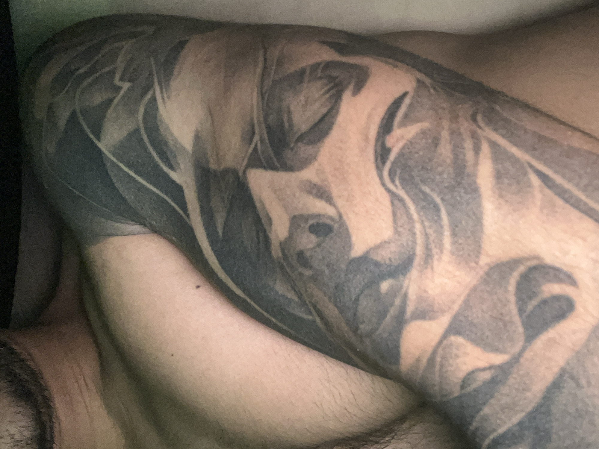 The image displays a close-up, downward-angled view of a person's upper right arm and a portion of their adjacent shoulder and upper chest. The subject exhibits light-toned skin with some visible dark hair follicles on the chest/shoulder area. Two dark moles are present on the upper chest/shoulder region. The majority of the upper arm is covered by a black and grey tattoo. The tattoo features a detailed depiction of a human face, with one eye clearly visible towards the center-right of the arm. Elements suggestive of a nose and mouth/chin are present below and to the left of the eye. The facial imagery is integrated with abstract or organic shapes, such as leaves or flowing patterns, rendered in various shades of grey and black, with the subject's skin providing highlights. Thin, light-toned linear elements are visible in the upper portion of the tattoo on the shoulder. The background to the top of the image is dark and indistinct, while the background to the right is a plain white, soft-textured surface. The location is unknown.